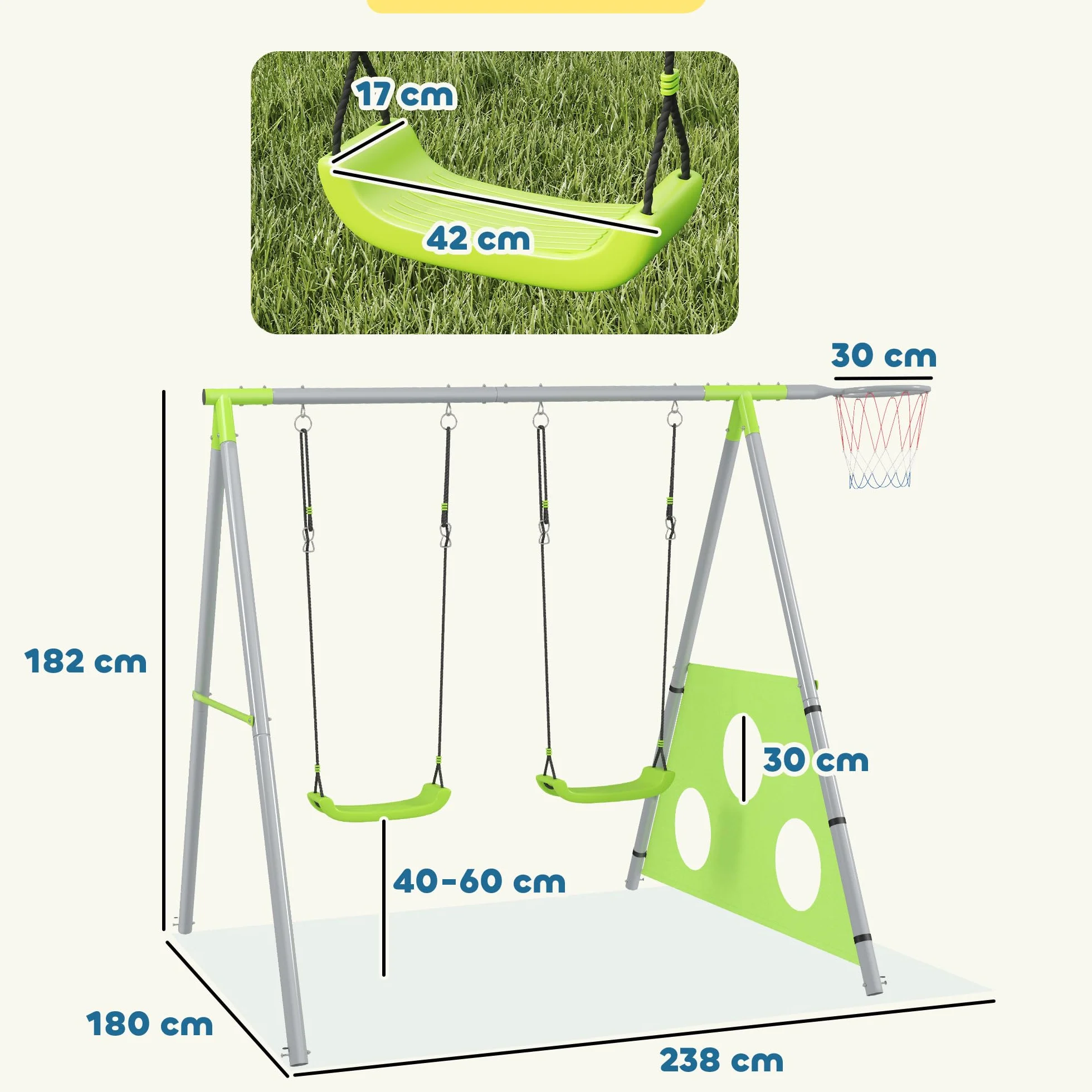 AIYAPLAY Set Altalena da Giardino per Bambini 3 in 1 con Altalena per Bambini, Canestro da Basket e Porta da Calcio, Gioco per Bambini 3-8 Anni con Telaio ad A in Metallo per Uso Esterno, Carico 90kg