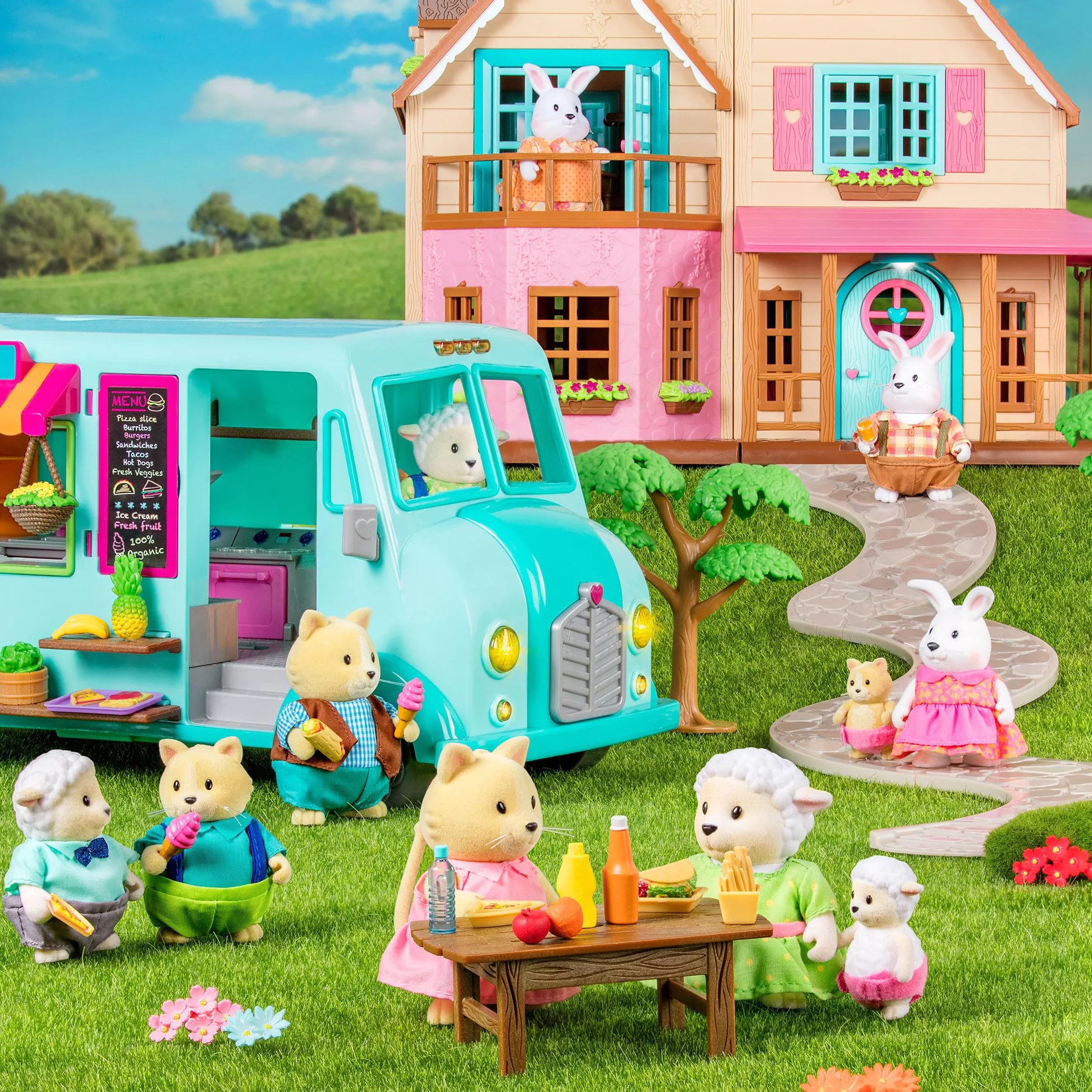 Li'L Woodzeez - Honeysuckle Hillside Cottage - Set di giocattoli da 20 pezzi con casetta per giochi, mobili e accessori - Case in miniatura e set da gioco per bambini dai 3 anni in su