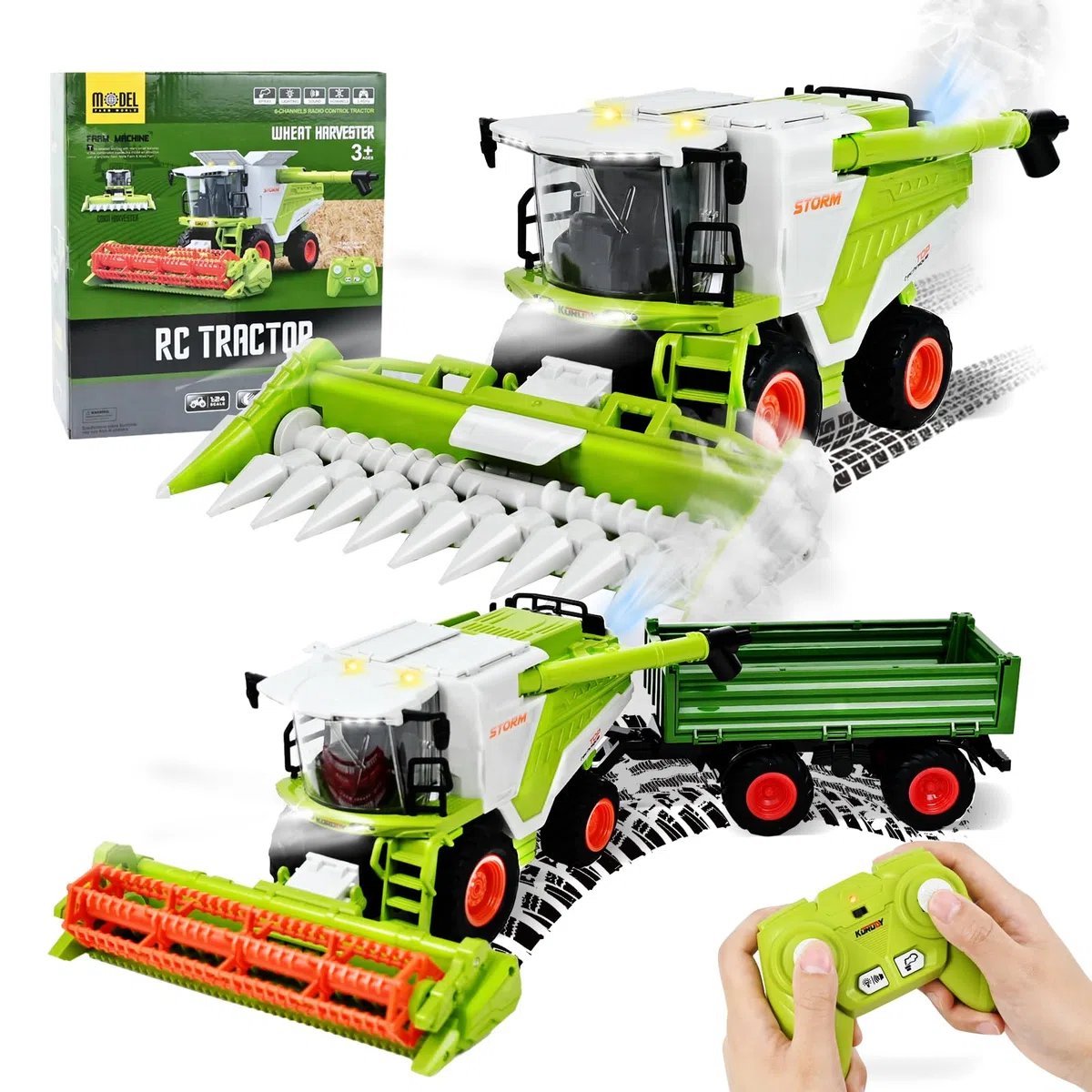 Joellfuner Mietitrebbia Telecomandata, RC Trattore Telecomandato, Mietitrice con Funzione Luce Suono e Spray, Trattore Agricolo Include Rimorchio, Giocattoli da Collezione per Bambini dai 3 Anni