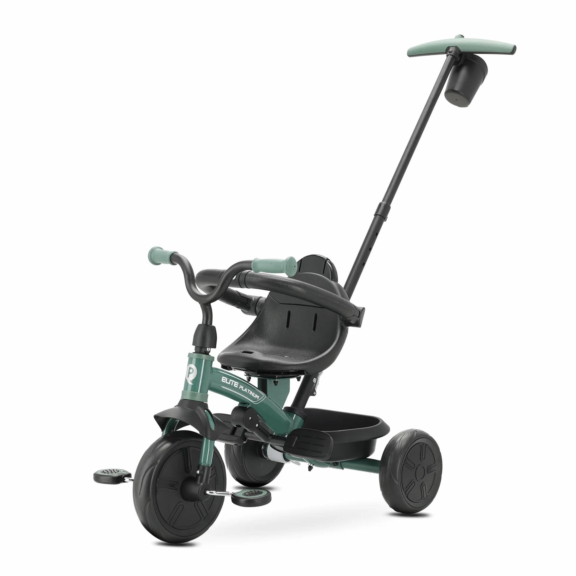 Triciclo Evolutivo QPLAY Elite Platinum 6 in 1 con sedile girevole a 360°, per bambini da 10 a 36 mesi, Maniglione direzionale, Capottina XL, Poggiapiedi e cestino (Verde)