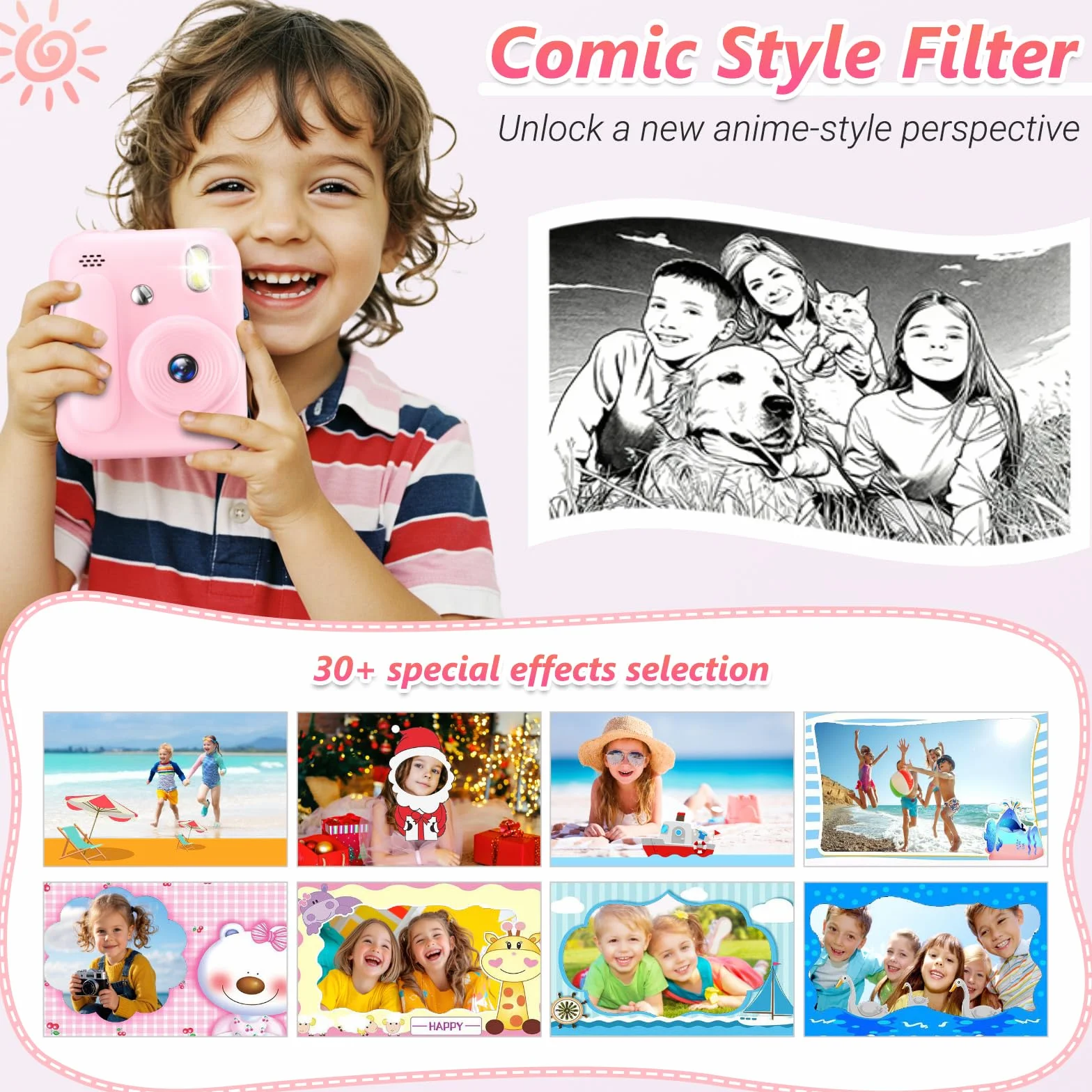 Macchina Fotografica Bambini Istantanea,Fotocamera Istantanea 1080P con 5 Rotoli di Carta da Stampa,Scheda da 32GB e Penne Colorate,Fotocamera Digitale Portatile per Bambini dai 3-14 Anni (Rosa)