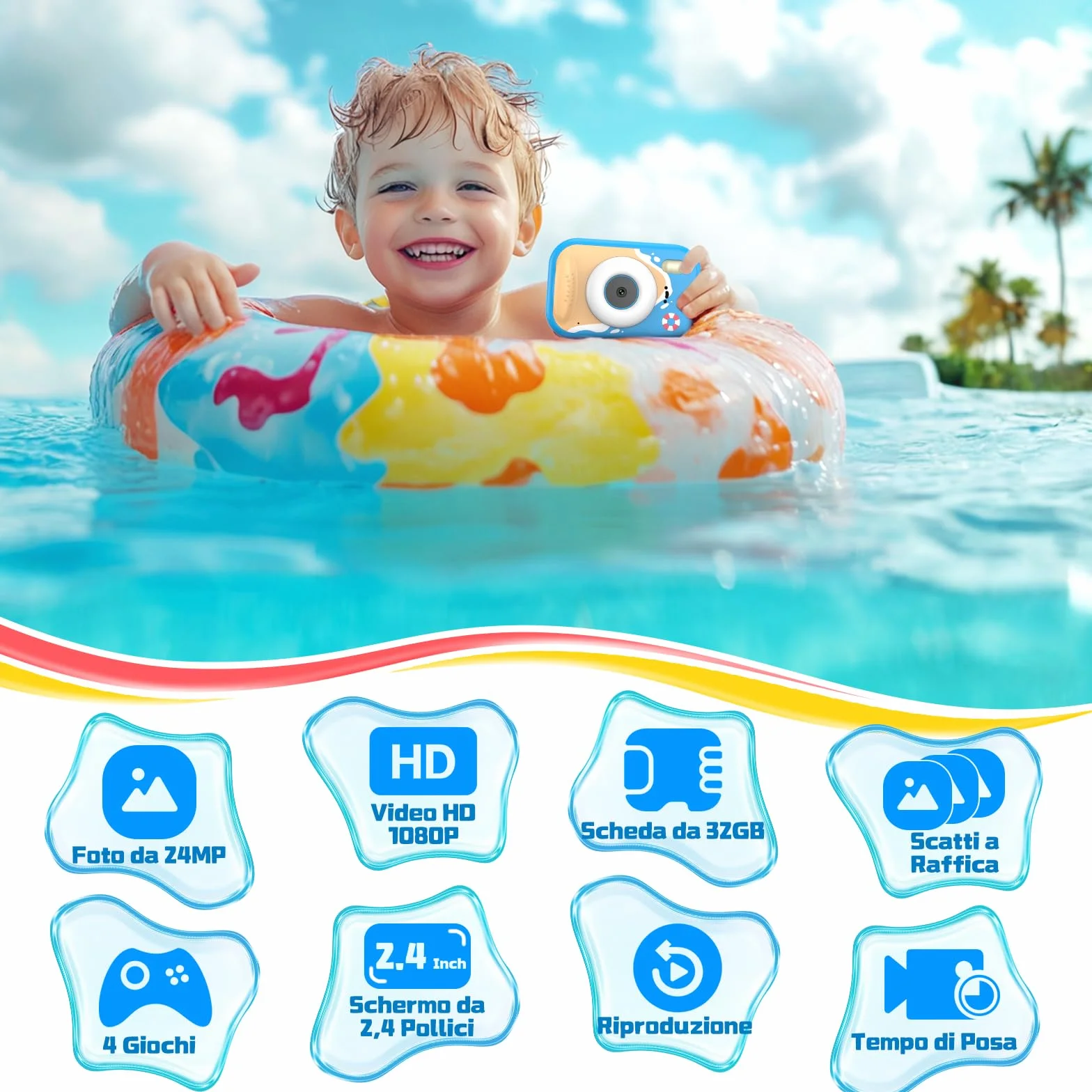 CHAKEYAKE Macchina Fotografica Bambini, 1080P IP67 Fotocamera Impermeabile Bambini con Zoom 10X, Schermo 2.4'', Scheda 32GB Inclusa, Giocattolo per Piscina e Spiaggia, Regalo per 3–12 Anni, Blu