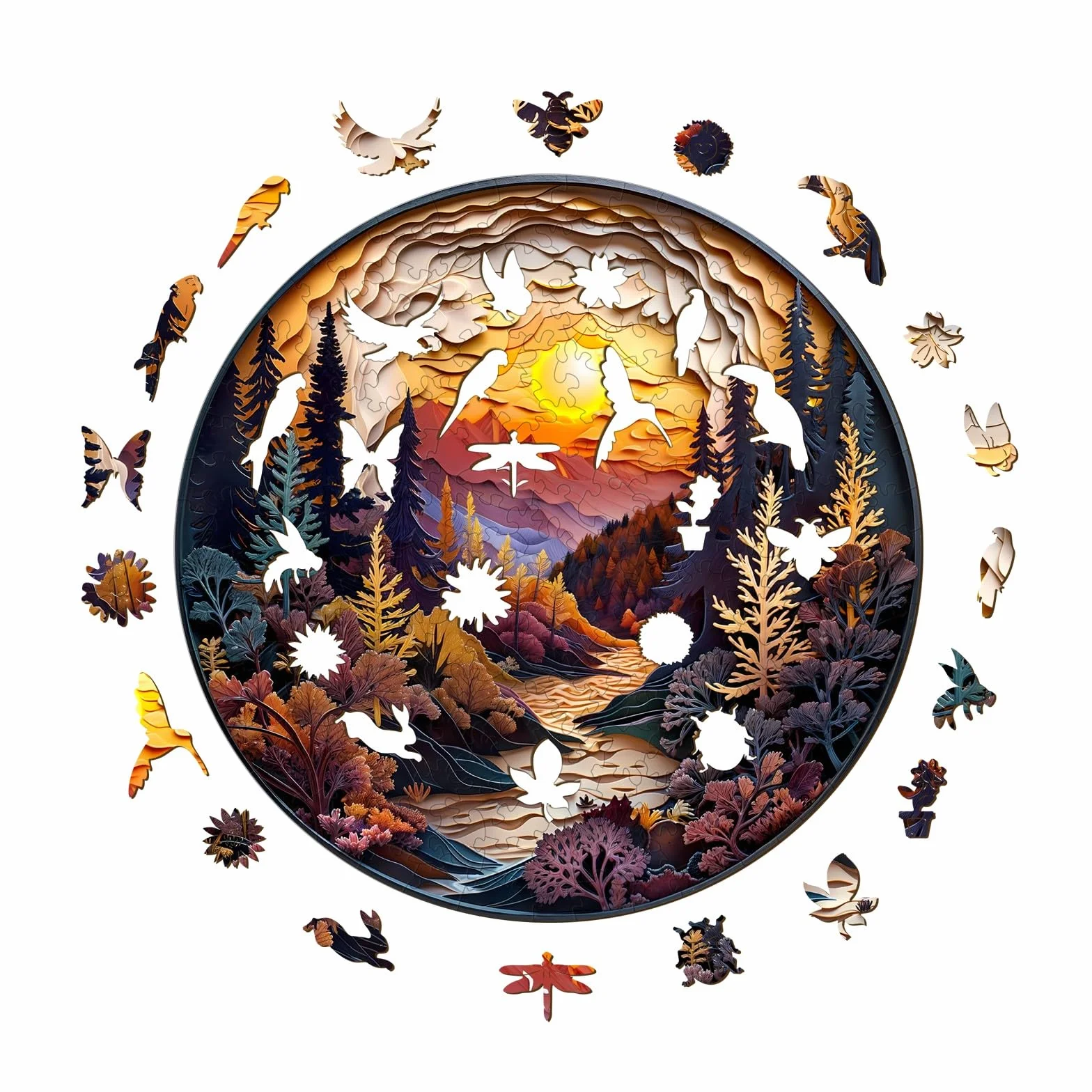 Puzzle in legno per adulti, 300 pezzi, visuale 3D, tramonto, foresta, puzzle in legno, per adulti, 34 x 34 cm, puzzle irregolare unico, puzzle in legno, a forma di animale, in legno con scatola in
