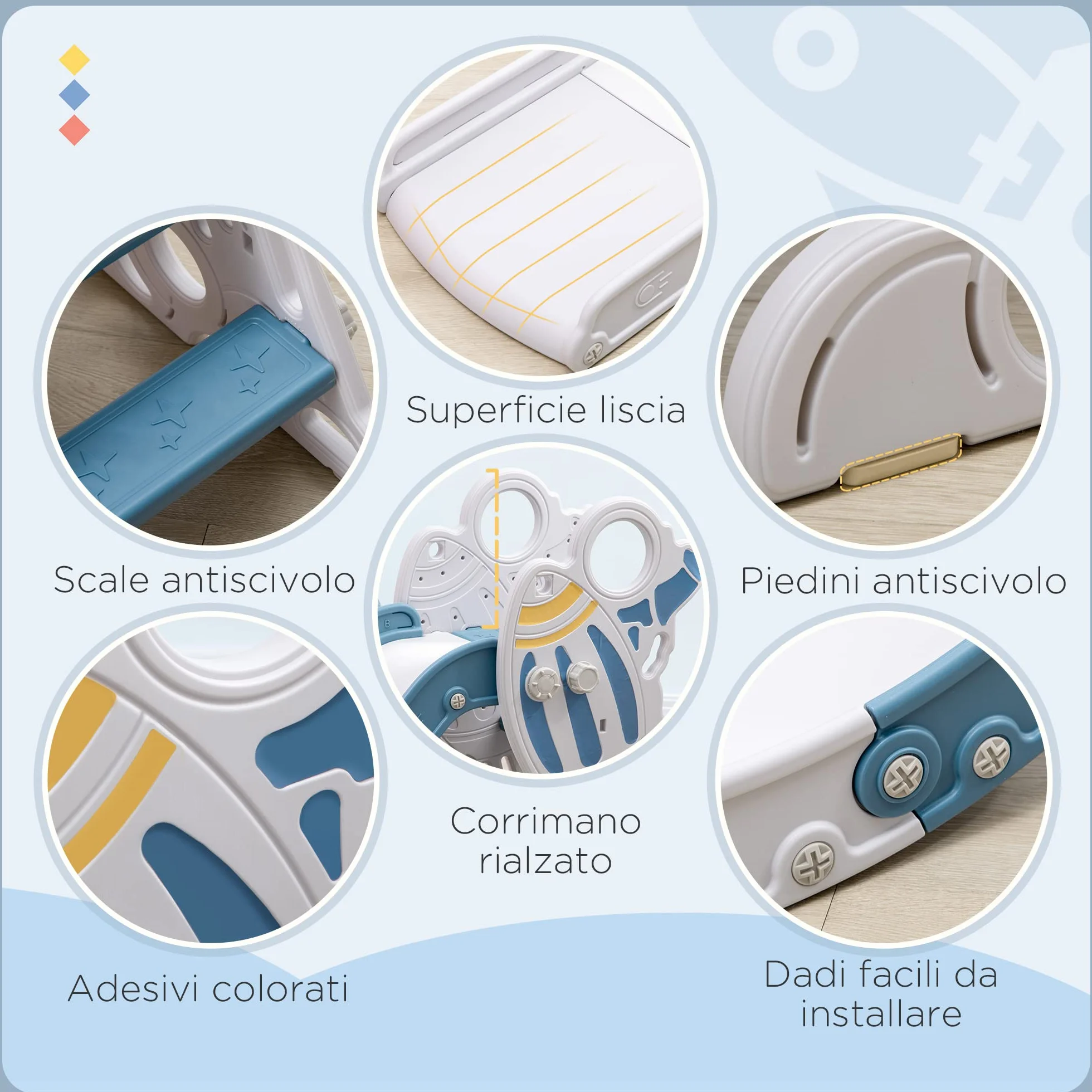 AIYAPLAY Scivolo per Bimbi 18-36 Mesi a Tema Spaziale con Scale Antiscivolo, Scivolo da Interno in PE e PP, 157x46.5x80 cm, Blu e Bianco