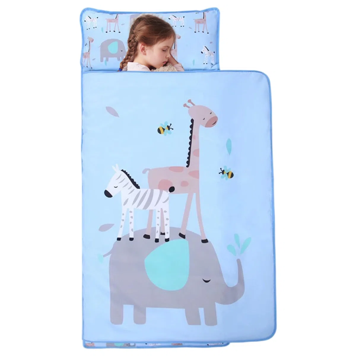 Tappetino per pisolino per bambini con cuscino, sacco a pelo portatile pieghevole da 49x20 pollici, comfort per animali dei cartoni animati, per la casa, la scuola materna, l'asilo nido