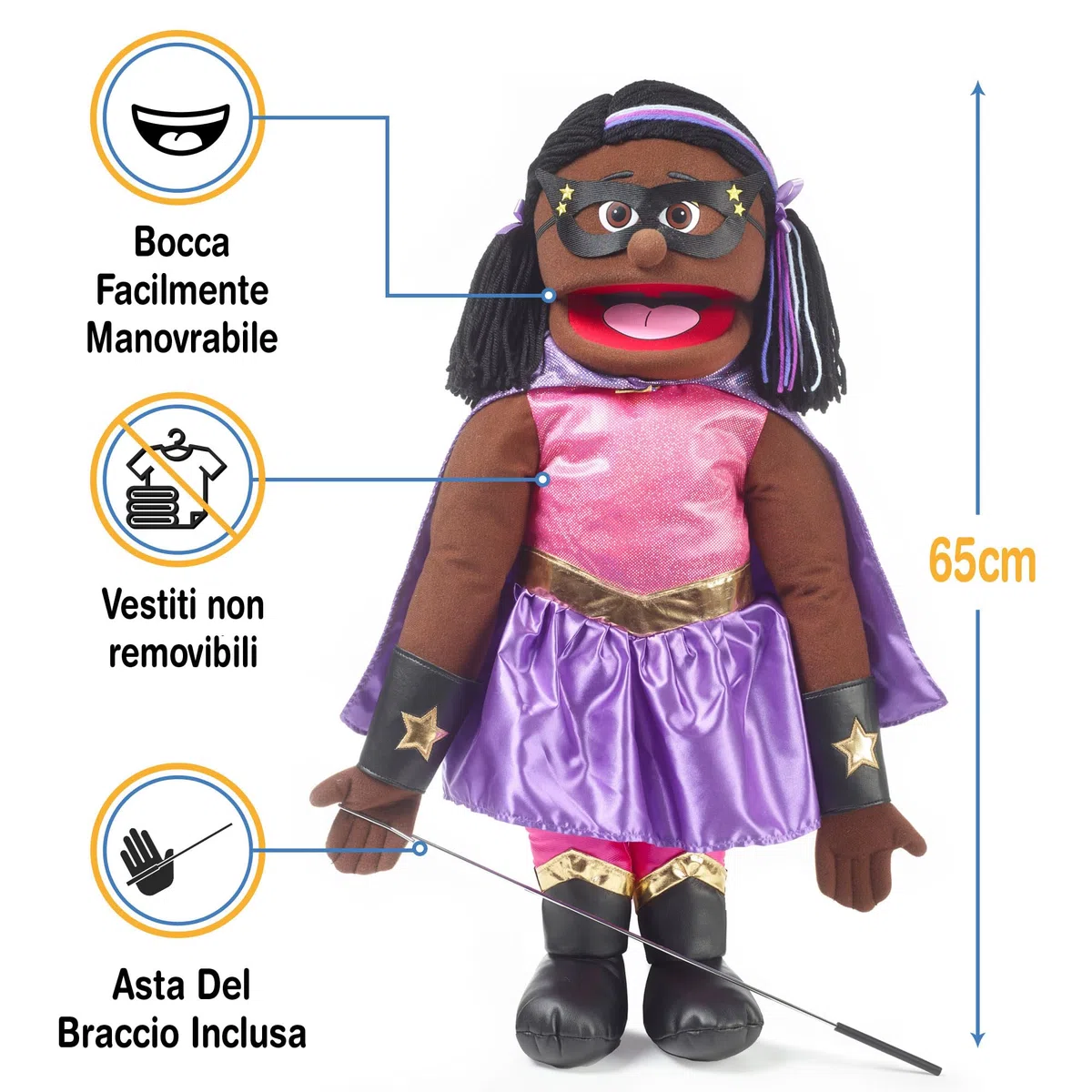 Supereroe Ventriloquo Burattino 25" Ragazza Nera Corpo Pieno