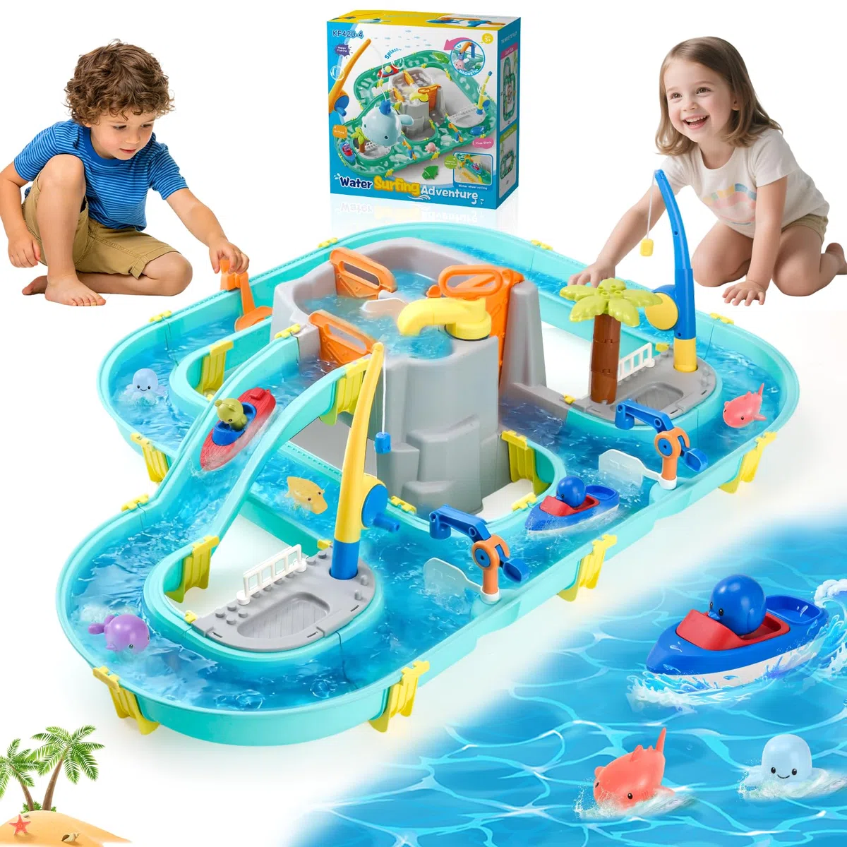 Gioco Acqua con Pista, 80 Pezzi Tavolo Acqua Bambini Esterno - con Barche, Pesca Magnetica & Animaletti, Giocattolo Estivo per Giardino e Spiaggia da 3+ Anni
