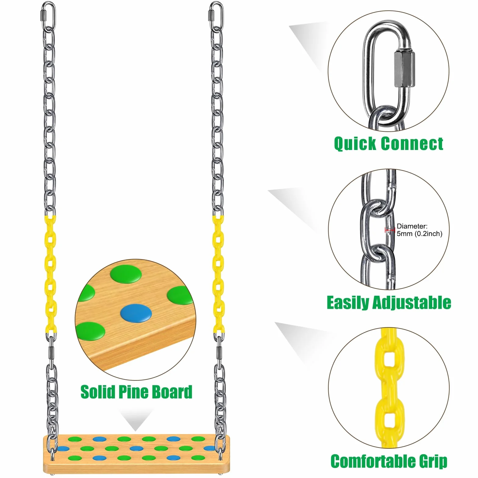 SELEWARE Sedile per altalena in legno per bambini e adulti, sedile piatto antiscivolo di ricambio con catena, set di altalene per parco giochi, accessori per altalena da giardino all'aperto