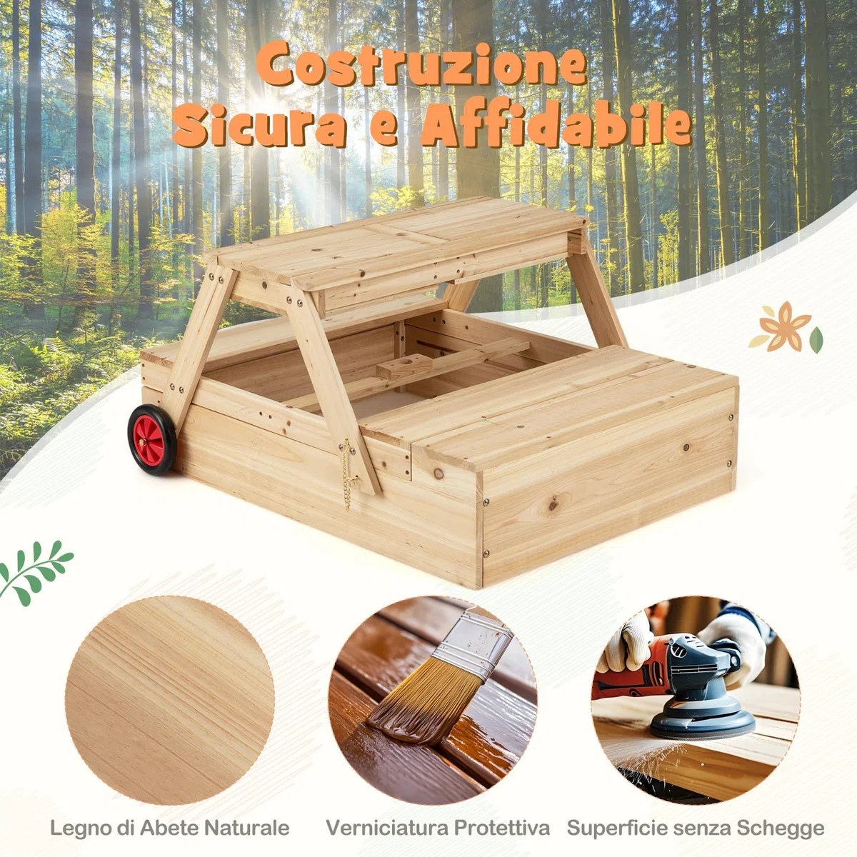 COSTWAY 3 in 1 Sabbiera in Legno, Tavolo da Picnic per Bambini Trasformabile con Panche, Ombrellone Rimovibile e Ruote, Set da Gioco per Bambini 3-5 Anni, per Esterno e Giardino