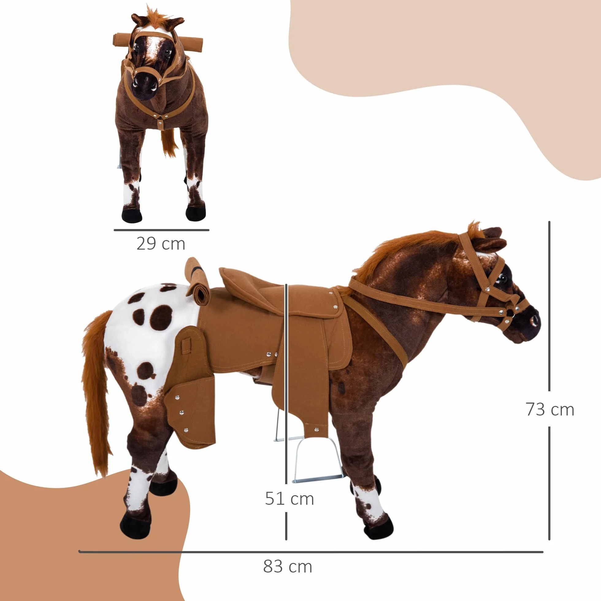 HOMCOM Cavallo a Dondolo per Bambini 2+ Anni con Nitrito Realistico, Sella e Staffe, Cavallo Giocattolo in Peluche e Metallo, 85x28x60 cm, Marrone