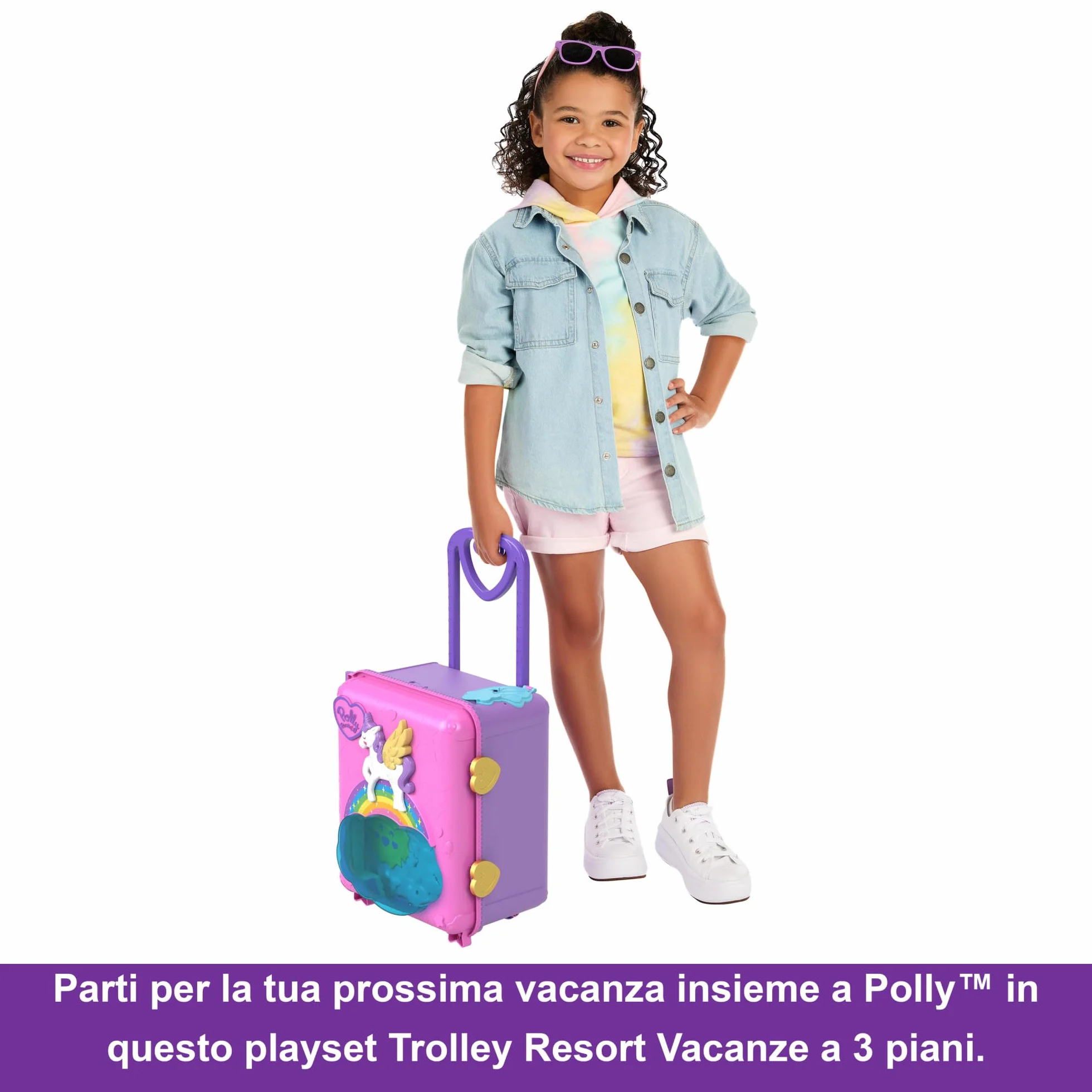 Polly Pocket Pollyville - Trolley Resort Vacanze, playset apribile con 3 località diverse, include 4 bambole, 1 veicolo e 25 accessori, giocattolo per bambini, 4+ anni, HKV43
