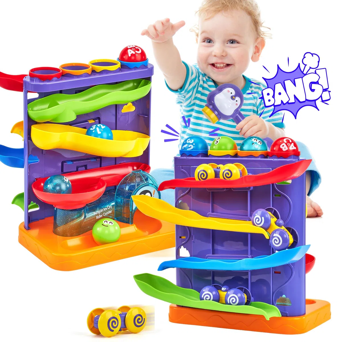 hahaland Giochi Bambini 1 Anno Maschio - Palla Giocattolo 2 in 1 e Rampa per Auto Pista Giocattoli Educativi Montessori con Martello/4 Palline/4 Macchinine, Regali per Bambini di 1 2 3 Anni