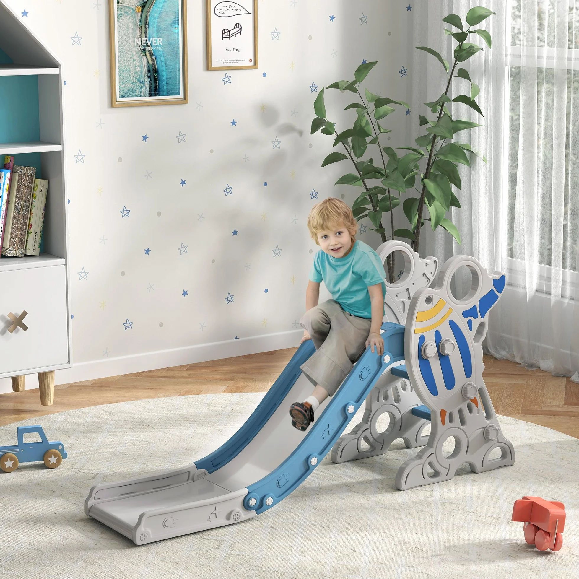 AIYAPLAY Scivolo per Bimbi 18-36 Mesi a Tema Spaziale con Scale Antiscivolo, Scivolo da Interno in PE e PP, 157x46.5x80 cm, Blu e Bianco