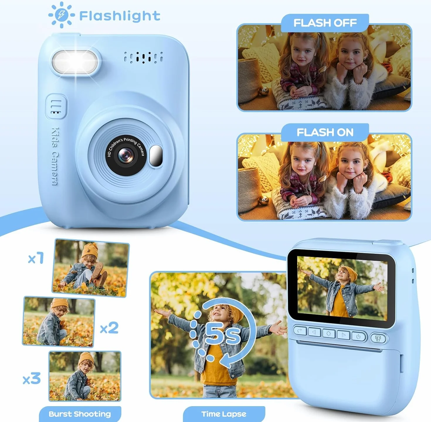 Fotocamera per Bambini, Stampa Istantanea con Schermo HD 3 Pollici, Fotocamera Istantanea per Bambini, Regalo Natale Compleanno Ragazze Ragazzi 3-10 Anni