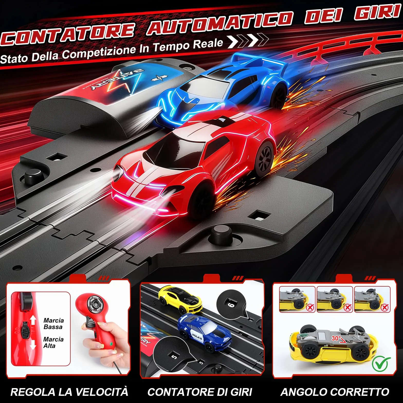 JONRRYIN Piste Corsa Elettriche, 1:64 Pista Macchine Telecomandate Extra-Lungo Piste Auto - 4 Led Macchine, USB, Comandi, Contatore, Passaggio A 360°, Giocattoli Regali Piste Corsa Bambini 3+ Anni