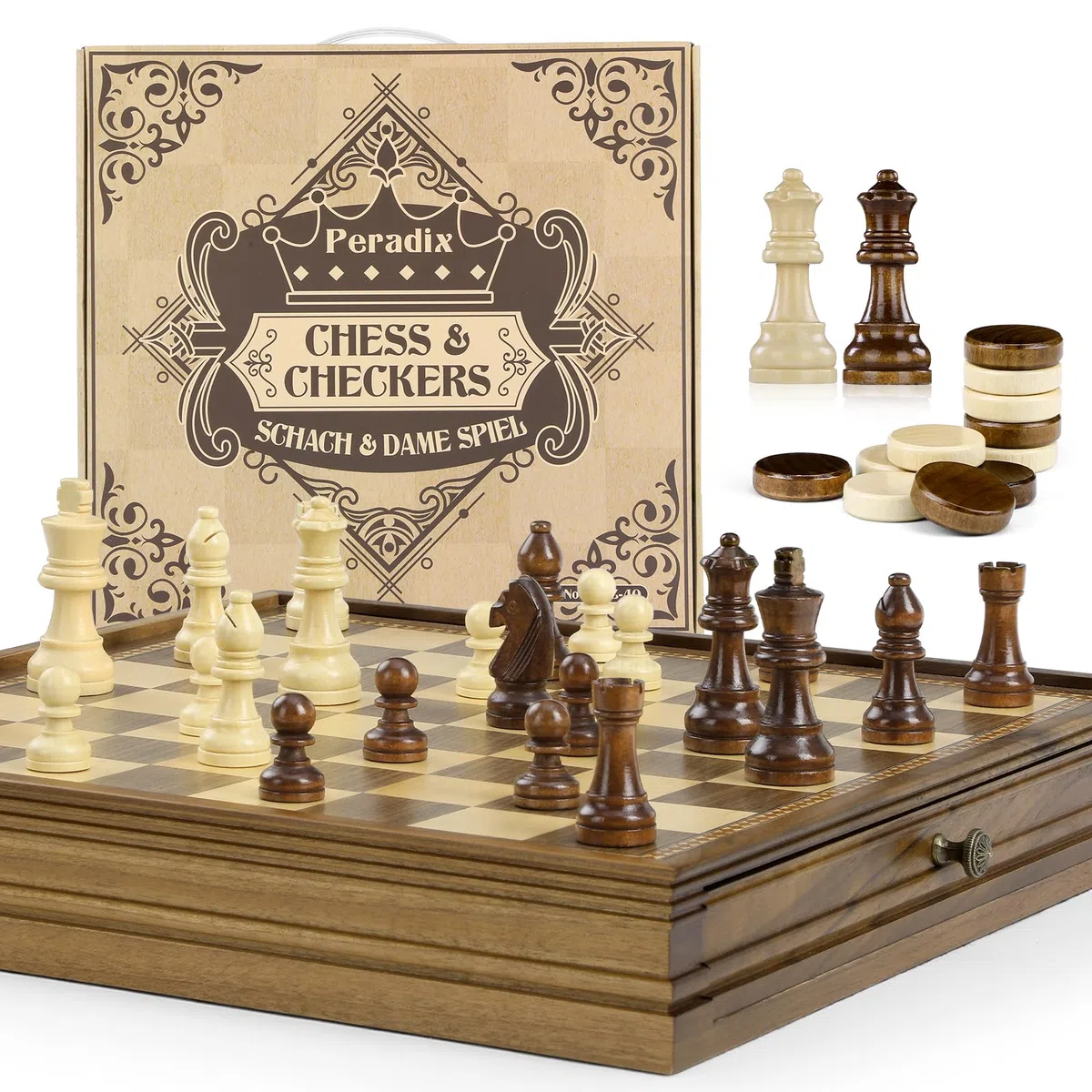 Peradix Scacchi Dame Game 2 in 1 Scacchiera Magnetica in Legno di Noce 38 x 38 cm con Cassetto