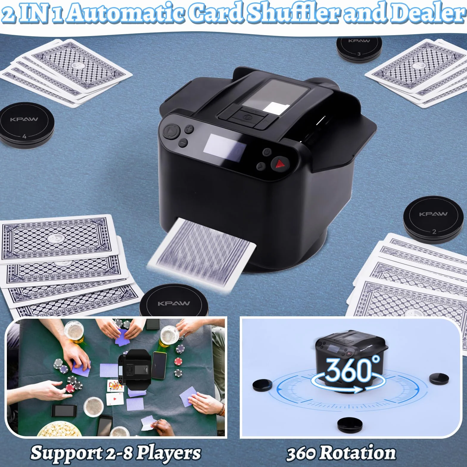 Pipihome Mescolatore Carte da Gioco, 2 in 1 Distributore Carte da Gioco Elettronico di Carte da Poker, Mischia Carte Automatico per Uno, Blackjack, Poker, Burraco, Card Shuffler per Texas Hold'em
