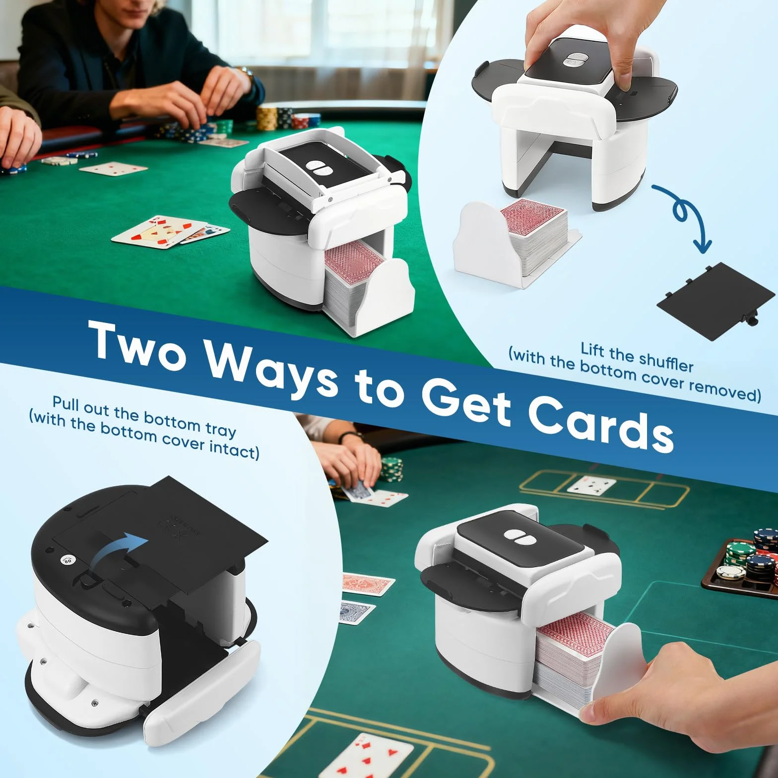 Mescolatore automatico di carte per 1–4 giochi di carte, ricaricabile, 2 modalità di miscelazione, compatibile con carte da poker, bridge, UNO e Phase 10 (Bianco)