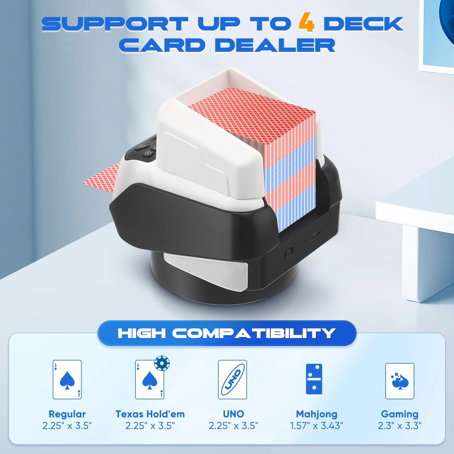 Distributore Automatico di Carte, 8 Giocatori Regolabili, capacità Fino a 4 mazzi di Carte, Base Girevole a 360°, modalità di visualizzazione Diagonale/Basculante per Poker Uno
