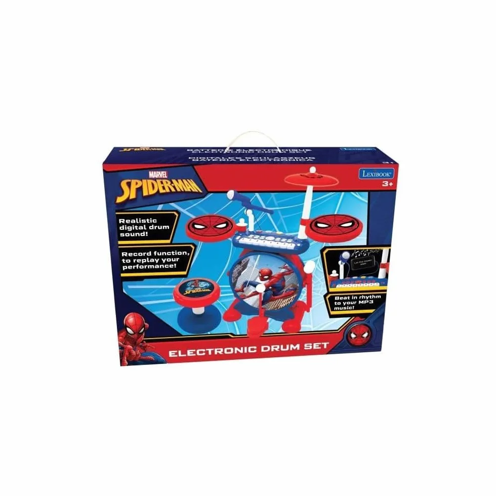 Lexibook, Spider-Man, Set elettronico per bambini, gioco musicale, suono realistico del tamburo, tastiera a 8 tasti, MP3, sedile incluso, blu/rosso, K610SP