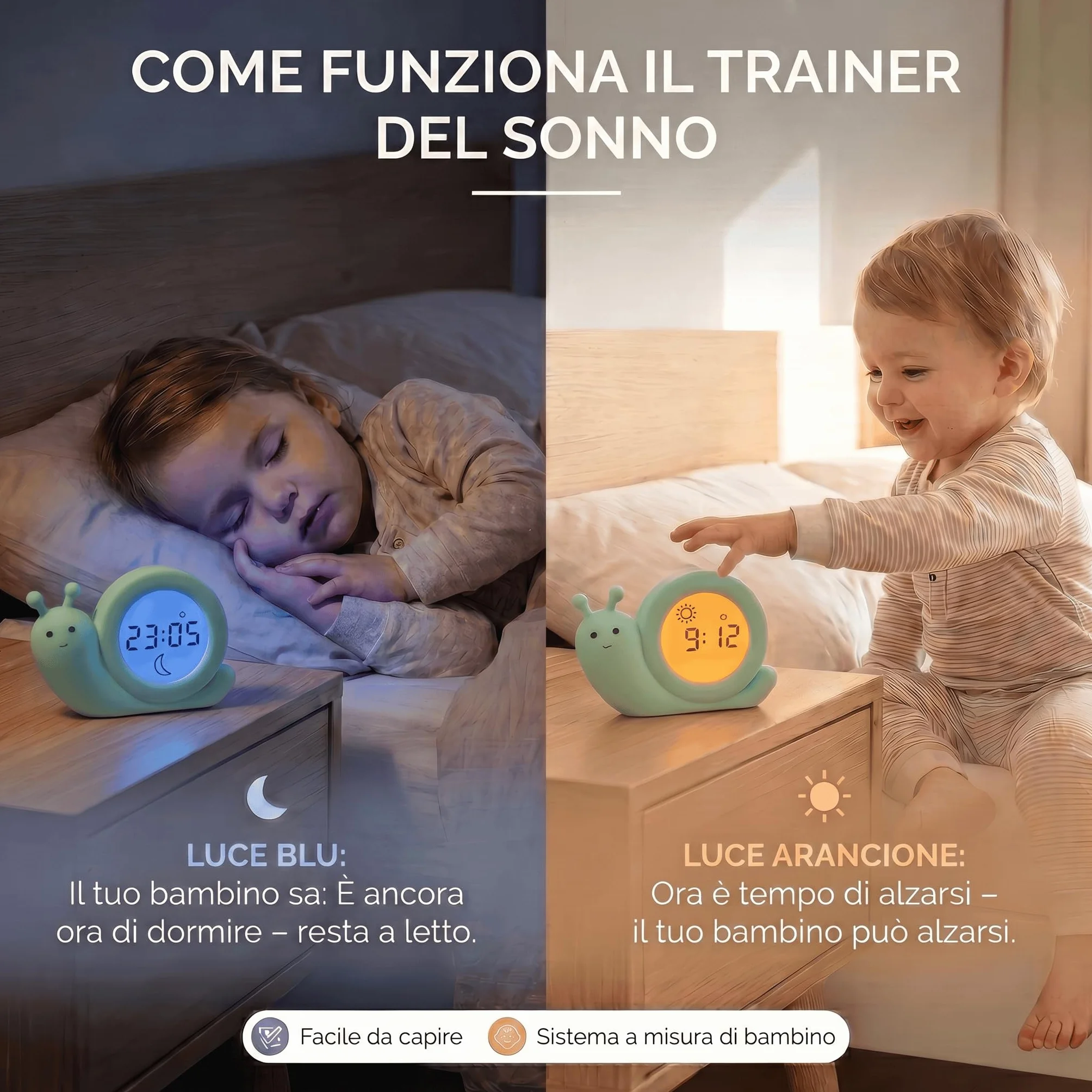 Alecto Baby BC110GN SIMON - Addestratore del sonno, luce notturna e sveglia, lumaca, verde menta