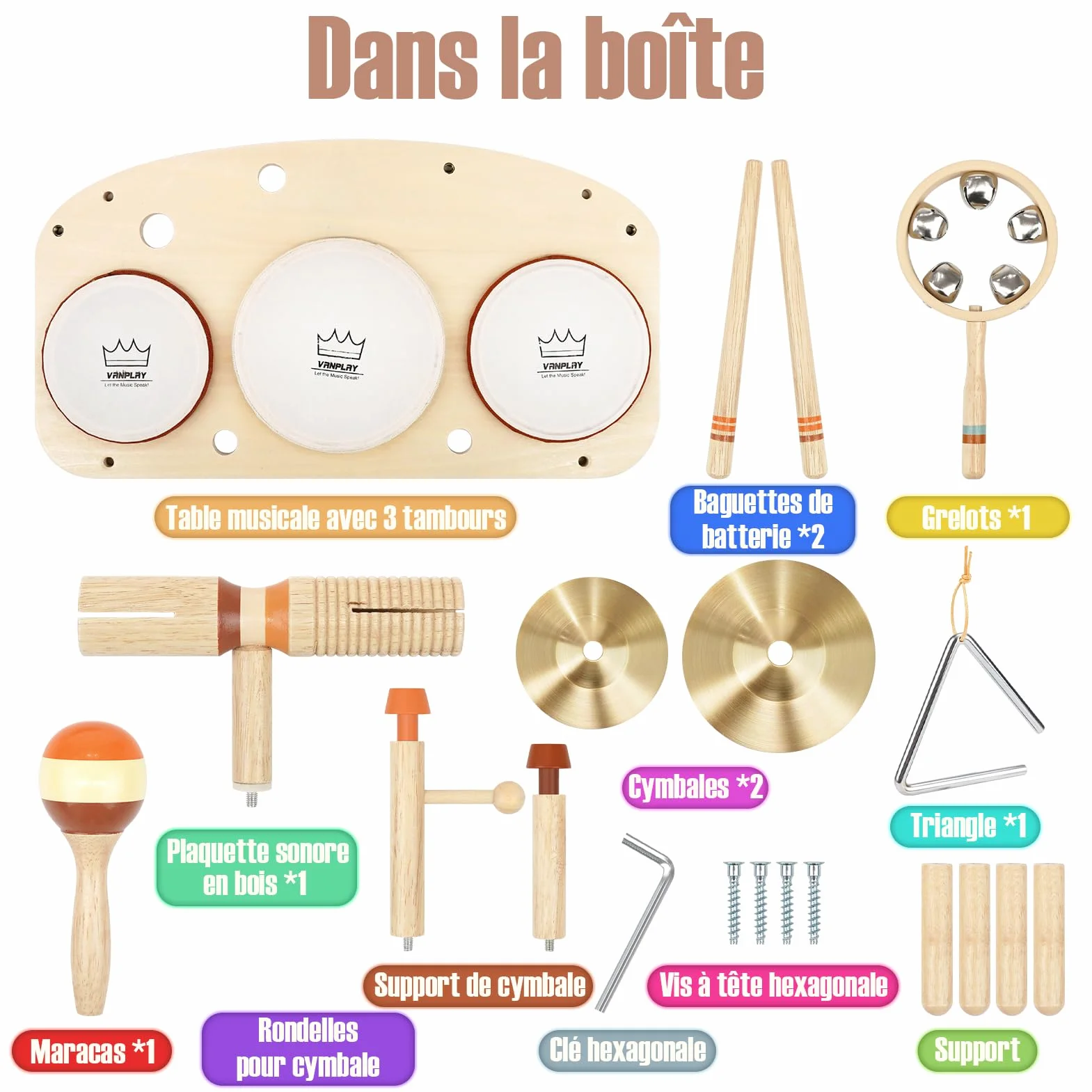 Vanplay Batteria in legno, strumenti musicali per bambini a partire da 1 anno con 3 tamburi e sonaglio a sonagli, tamburo giocattolo musicale per bambini, giocattolo Montessori da 1 anno