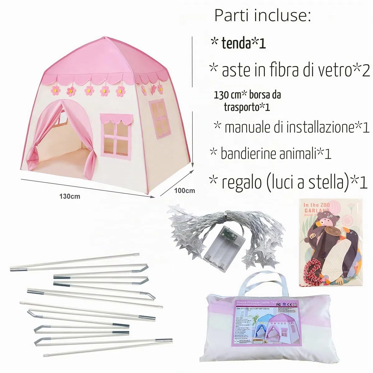 Tenda da gioco per bambini con luci a stella, rosa, per interni ed esterni
