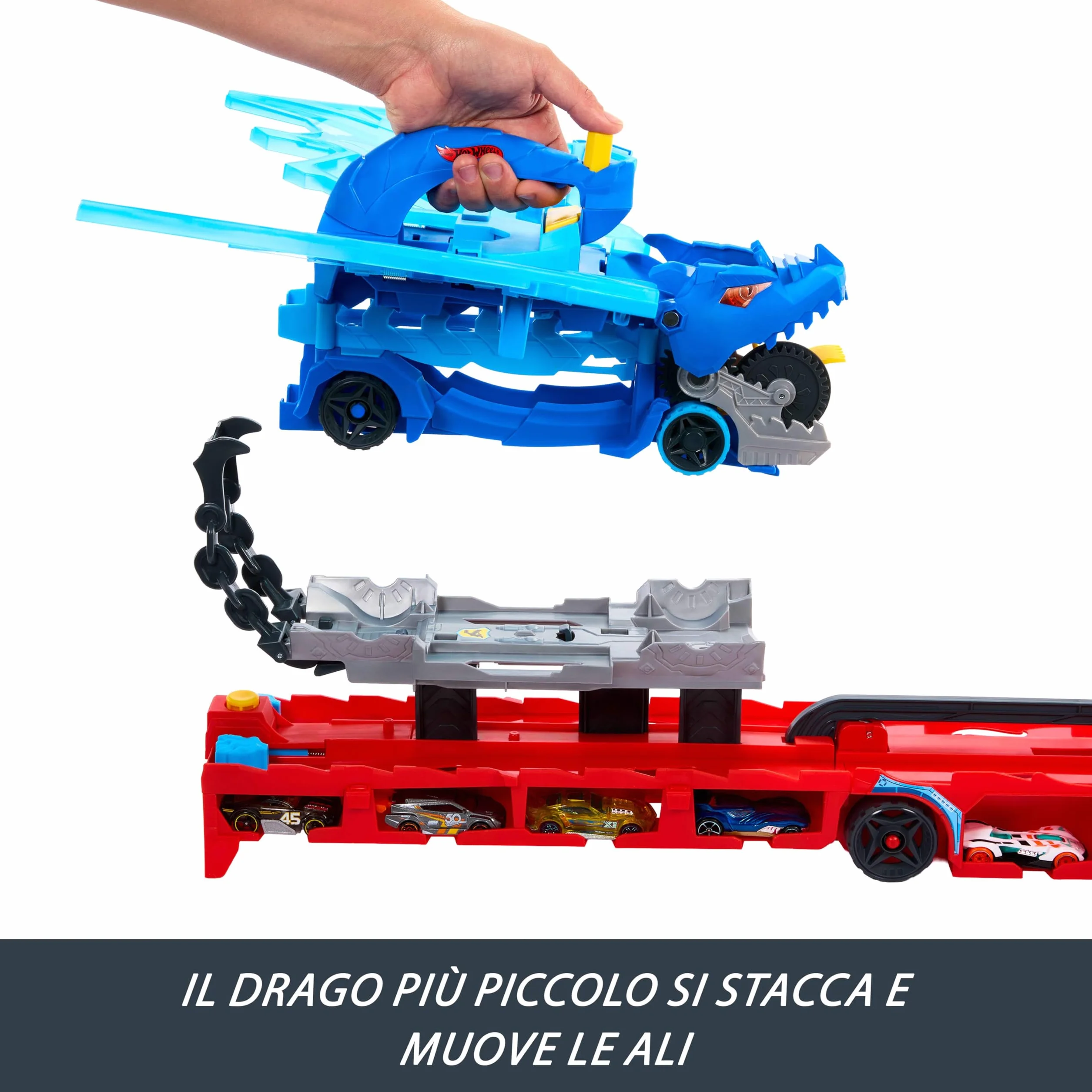 Hot Wheels - Drago Trasportatore, Veicolo trasformabile di Grandi Dimensioni con Drago Rimovibile e 2 macchinine Incluse, Contiene Fino a 20 Veicoli, Giocattolo per Bambini, 4+ Anni, JKJ79