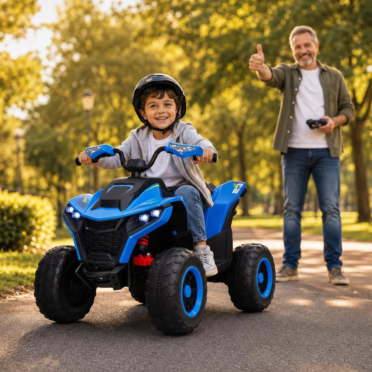 Quad elettrico per bambini 24 V ATAA Vengeance blu moto a batteria per bambini con telecomando luci LED musica e Bluetooth