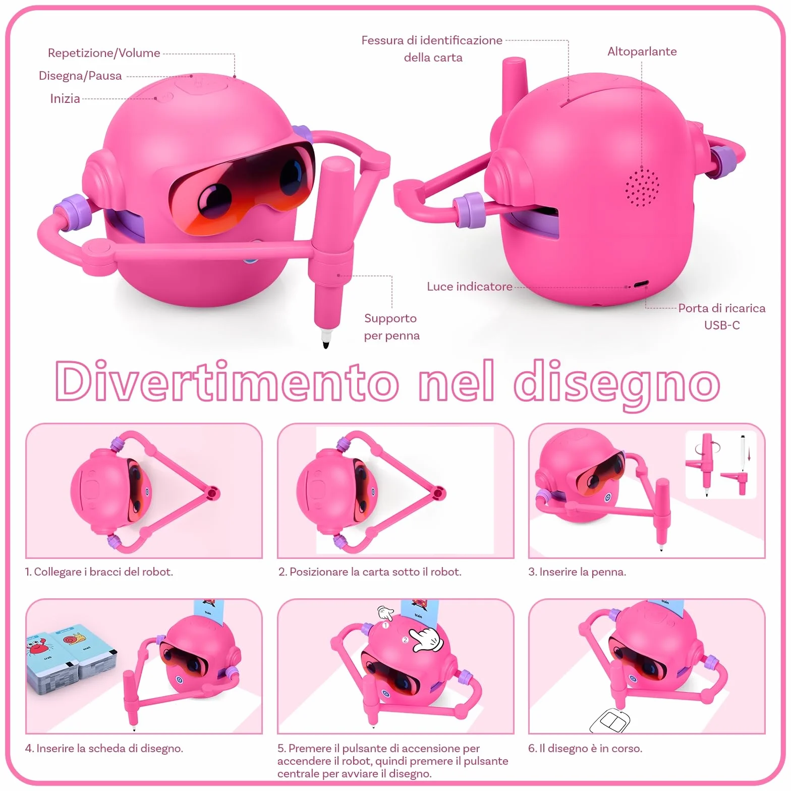 MMOBIEL Robot da Disegno per Bambini Giocattolo Educativo Interattivo con 100 Carte, 12 Pennarelli Colorati, Guida Vocale e Batteria Ricaricabile USB-C – Regalo Creativo per Età 3-9 – Rosa