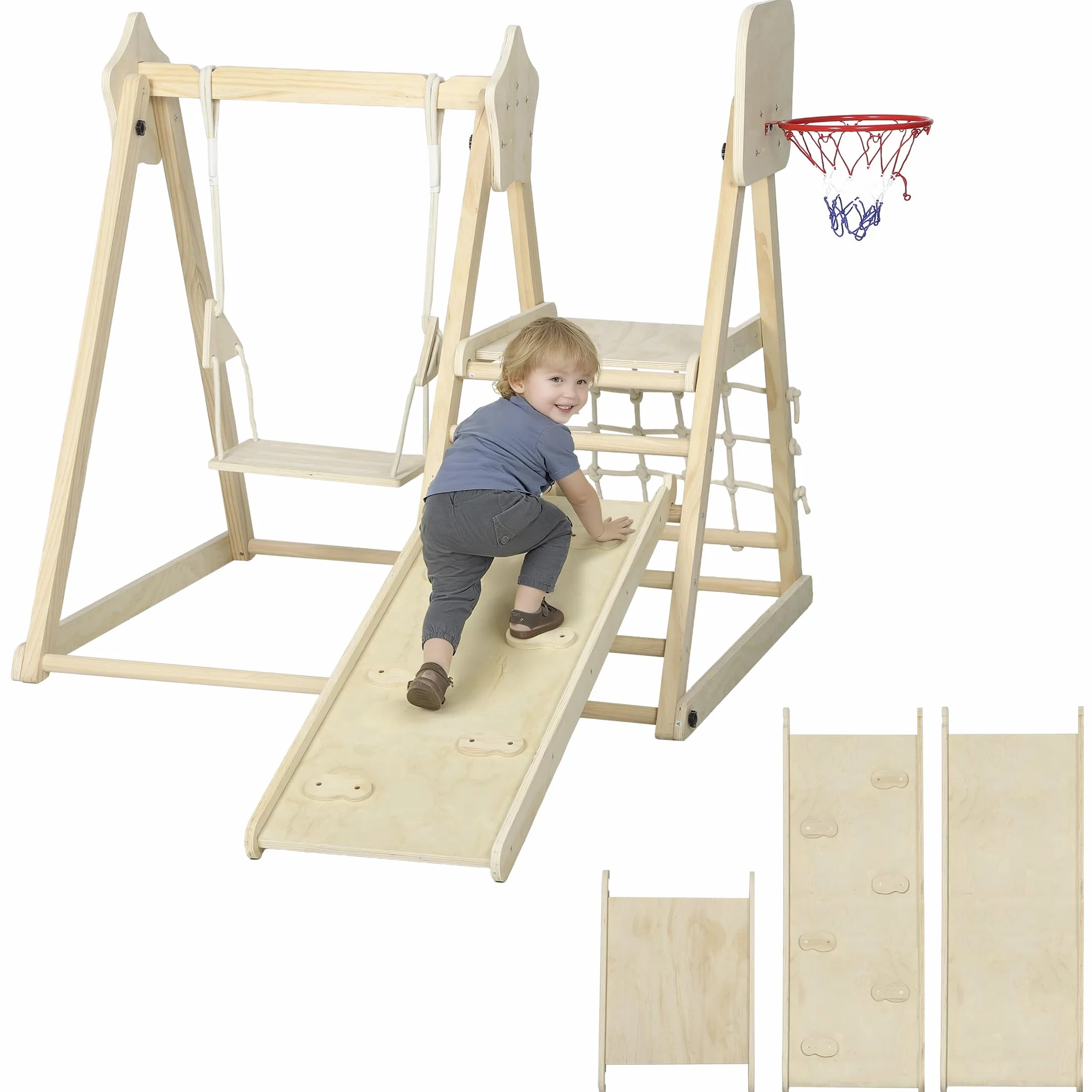 AIYAPLAY Struttura da Arrampicata per Bambini 5 in 1, Parco Giochi in Legno con Scivolo, Pannello e Rete da Arrampicata, Altalena e Canestro, Gioco Montessori Educativi Pieghevole da Interno, 3-6 Anni
