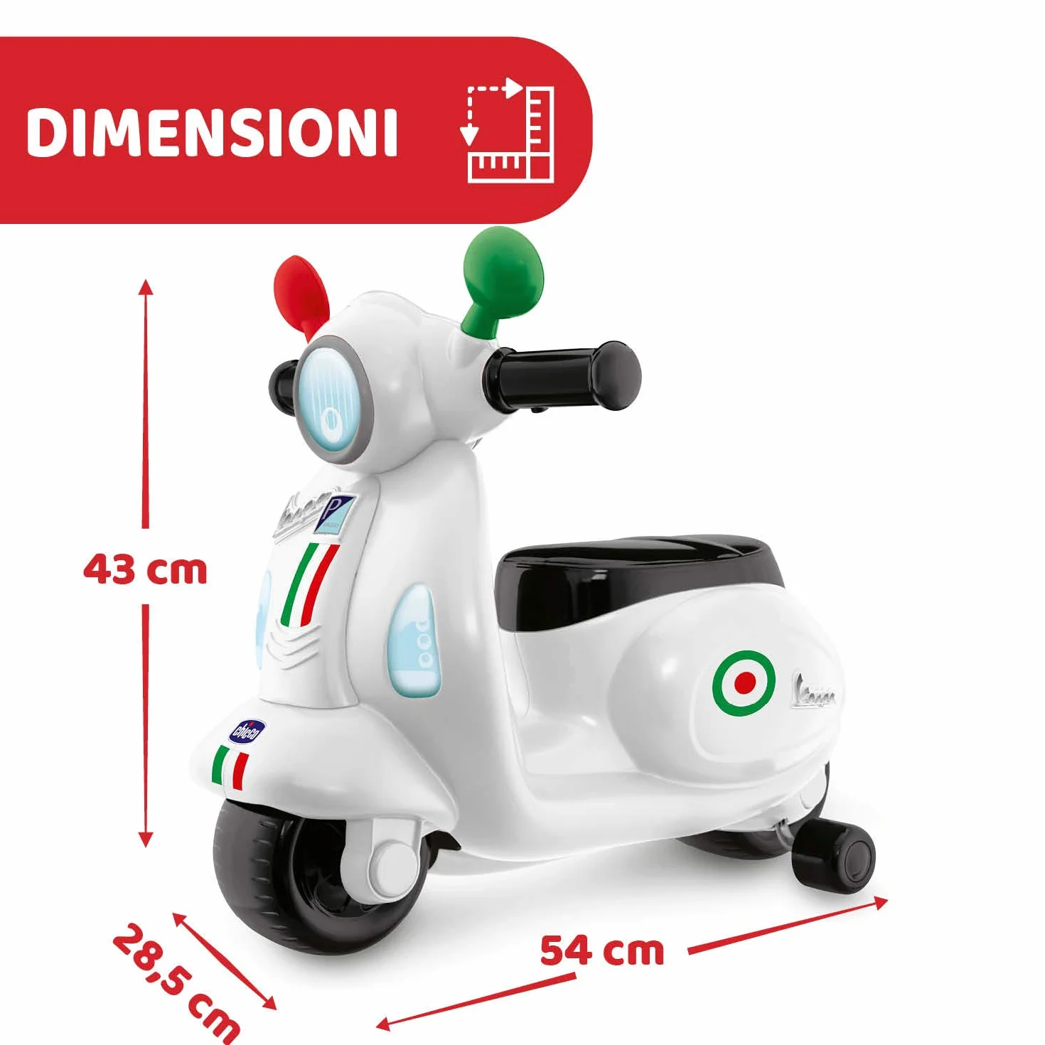 Chicco Vespa per Bambini Primavera Bianca, Moto Giocattolo Cavalcabile con Pannello Elettronico, Luci e Suoni, Ruote di Supporto Rimuovibili, Max 25 Kg, Giochi per Bambini 1-3 Anni