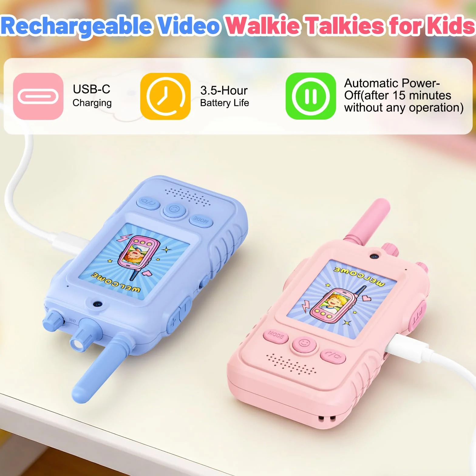 Video Walkie Talkie Bambini, 2 Walkie Talkie Ricaricabili con Display, Telecamera HD& Modificatore Vocale, Lunga Portata, Regalo per Bambini e Bambine dai 3 ai 12 Anni