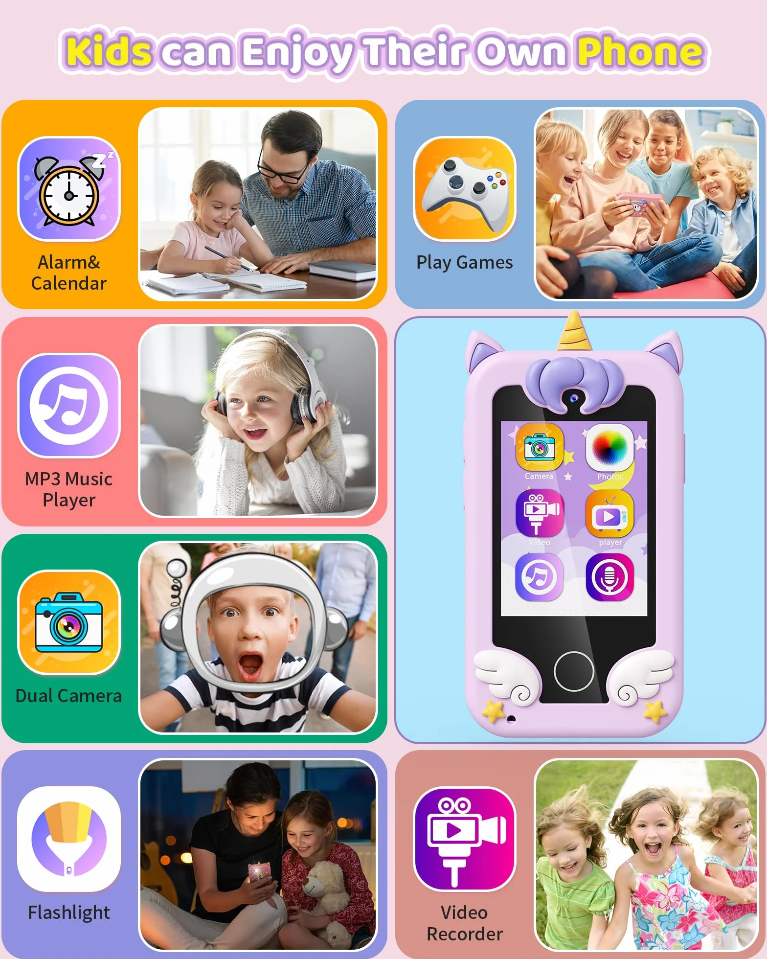 Telefono Giocattolo per Bambini, Regali a Tema Unicorno per Bambini e Bambine da 3 a 8 Anni, Smartphone con Schermo Tattile, Musica, Doppia Fotocamera e Giochi di Puzzle, Ideale per Compleanno