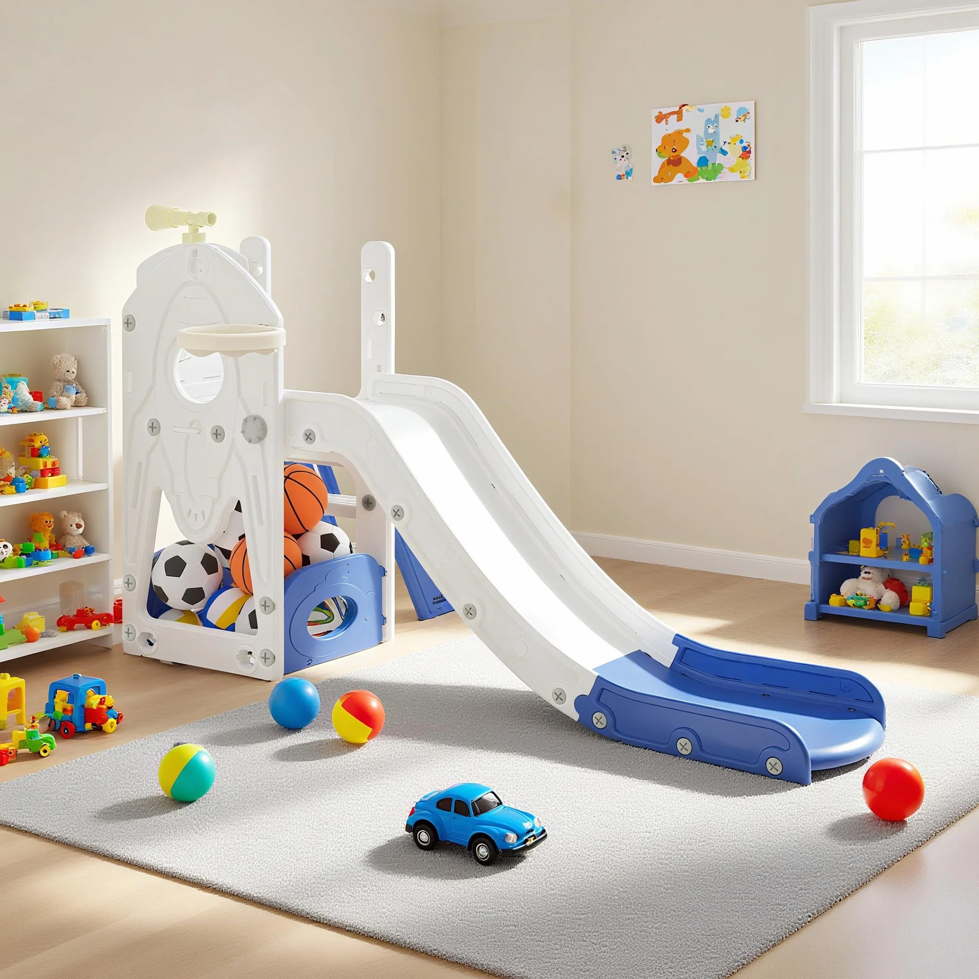 UISEBRT Scivolo per bambini con scaletta da arrampicata, spazio di archiviazione, cestino da basket e telescopio da gioco, scivolo per bambini in HDPE e PP, autoportante, per interni ed esterni, 5 in