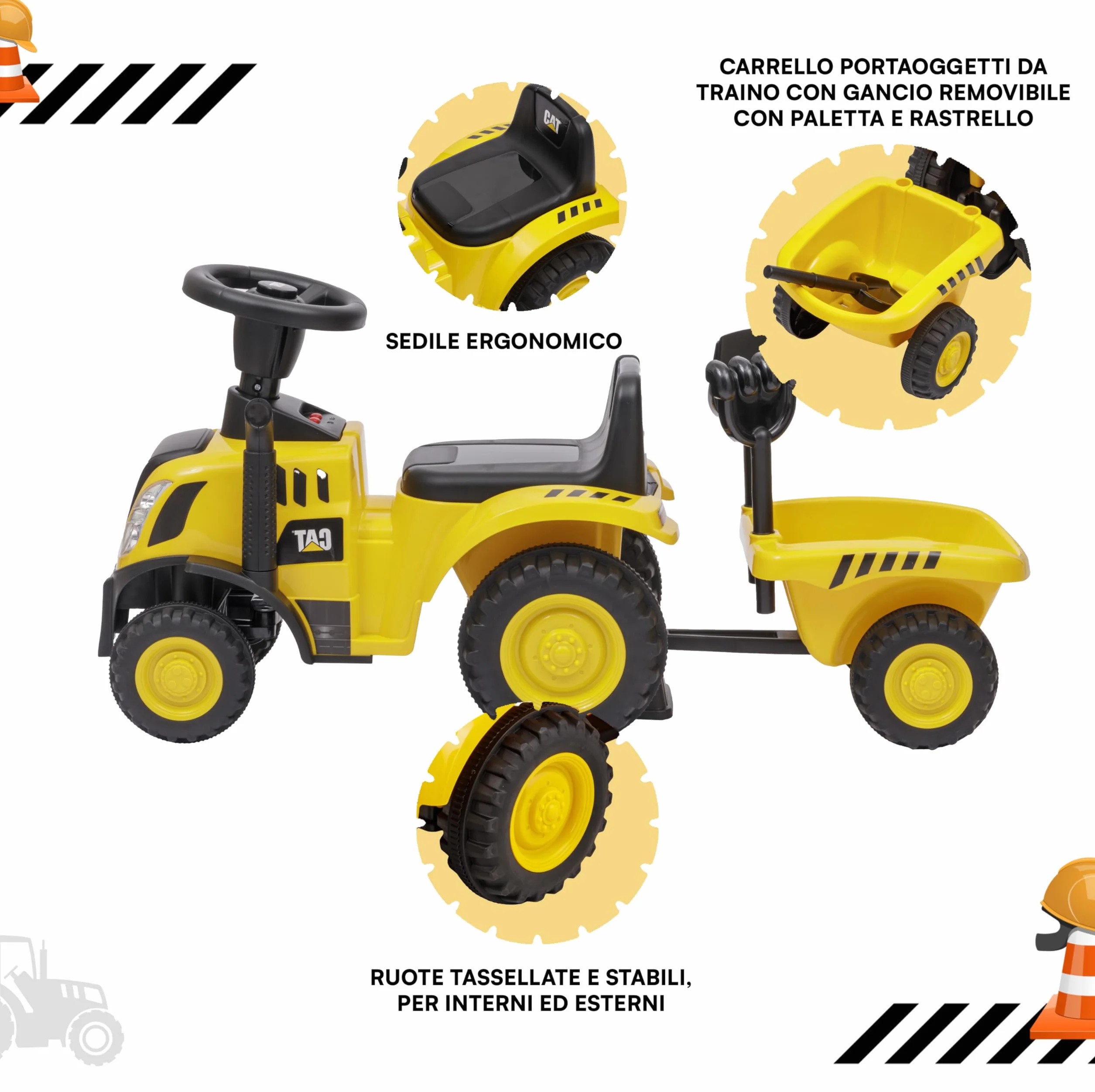 Baroni Toys Trattore Cavalcabile con Rimorchio per Bambini da 1-3 Anni con Licenza CATERPILLAR, Suoni Realistici, Fari Funzionanti e e Vano Portaoggetti, per Interno ed Esterno, 29x91x44 cm
