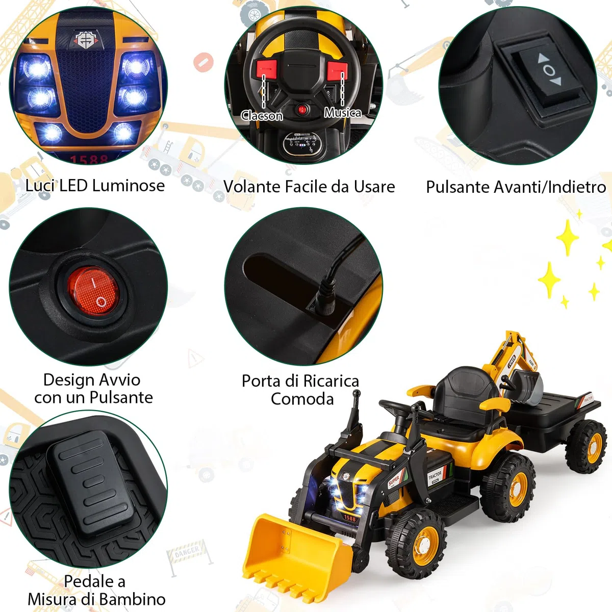 COSTWAY 4 in 1 Trattore Elettrico per Bambini 3-8 Anni con Telecomando, Rimorchio e Cucchiaia Staccabile, Doppi Motori Giallo
