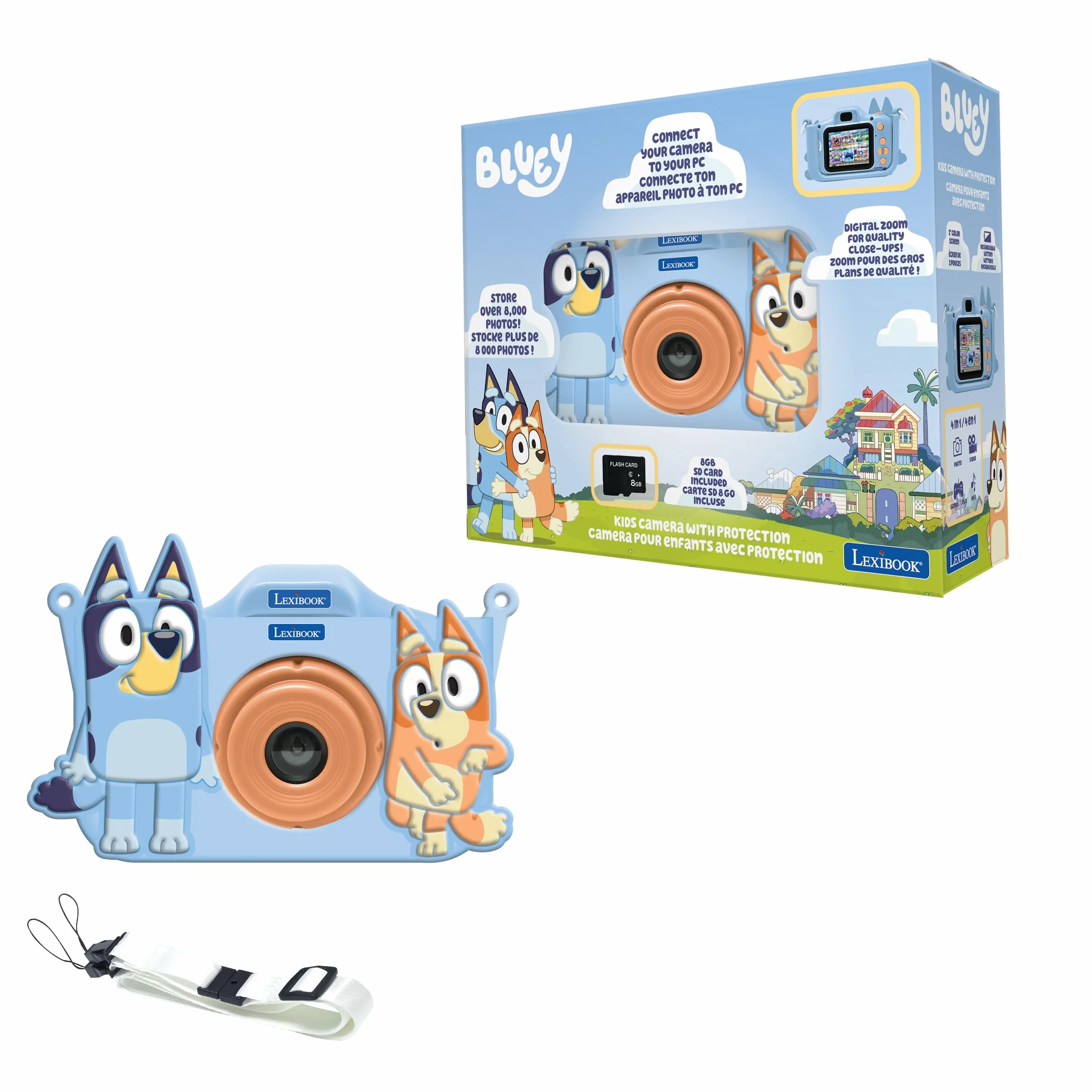 Lexibook Bluey, fotocamera 4-in-1 per bambini con protezione, funzioni foto, video, MP3 e giochi, 15 cornici per personalizzare le tue foto, include scheda di memoria da 8 GB, DJ078BY