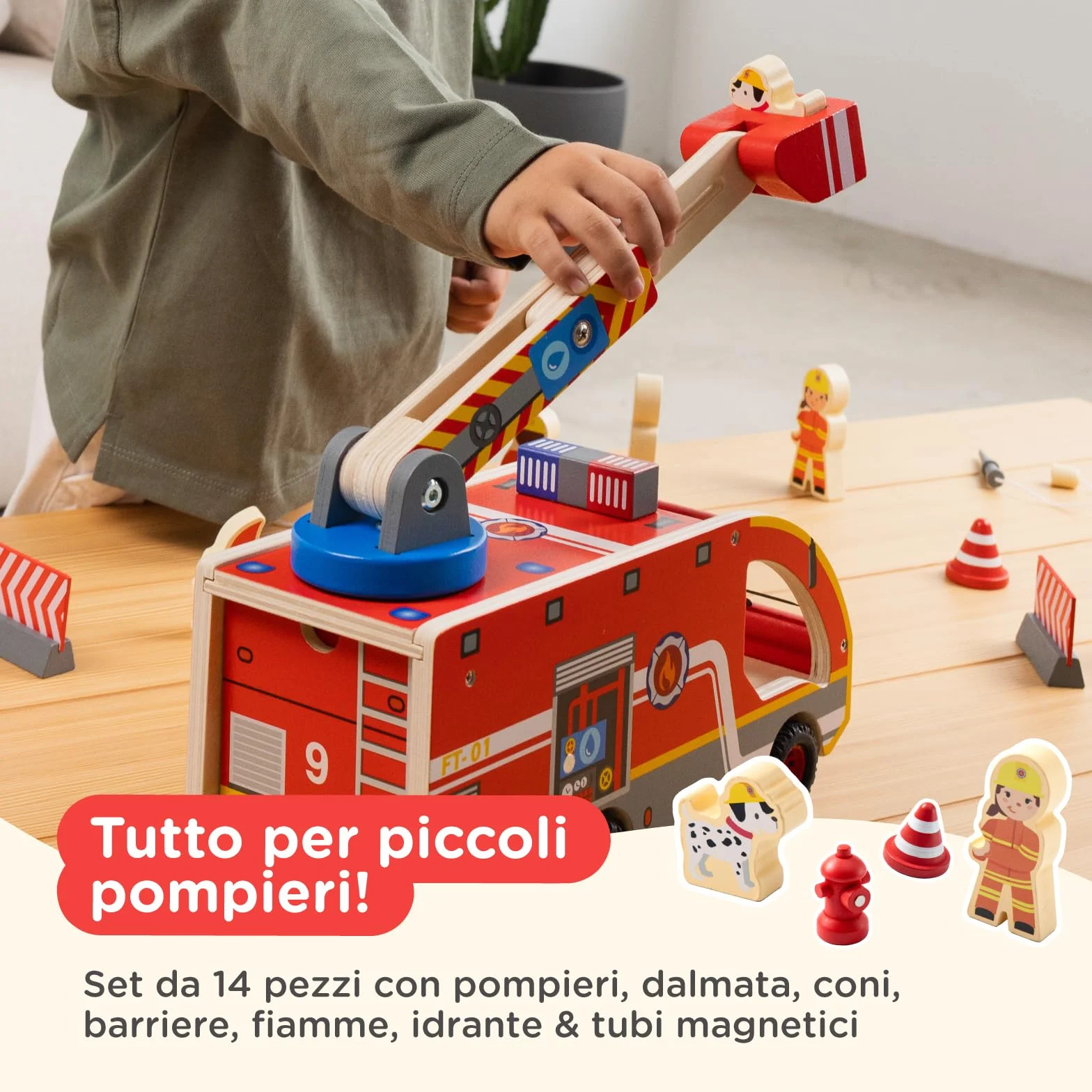 Nene Toys Camion dei Pompieri in Legno – Giocattolo Educativo Magnetico per Bambini 2+ Anni – Scala Girevole 360°, Tubi Magnetici, Idrante, Pompieri & Dalmata – Gioco Montessori FSC Regalo Perfetto