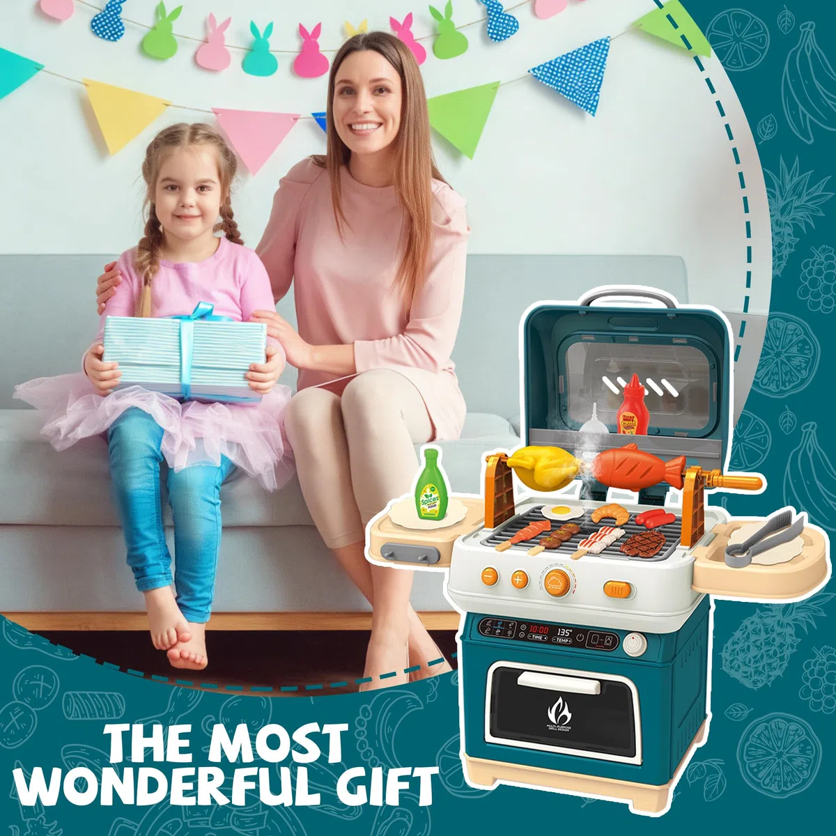 Set di giocattoli per barbecue per bambini con rumori di fumo e luce, accessori da cucina, barbecue interattivo per bambini dai 3 agli 8 anni (BLUA)