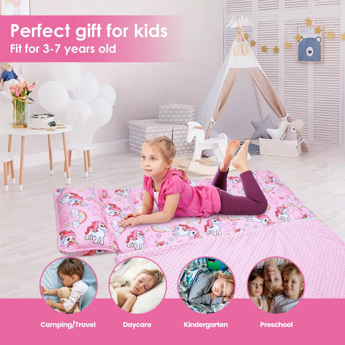 Nap Mat per Bambini con Cuscino e Coperta Rimovibili, Grande Extra Spesso 2 in 1 Sacco a Pelo Pieghevole per Ragazze Ragazzi, Nap Mats per Asilo Nido e Campeggio