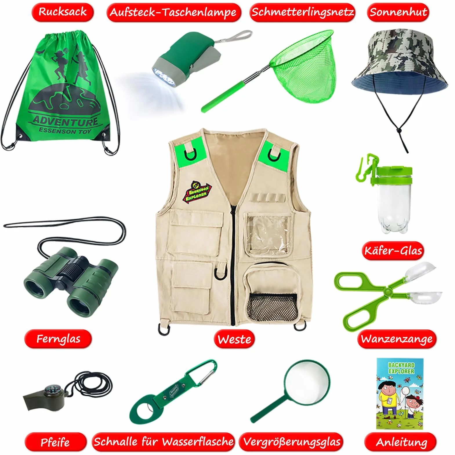 ESSENSON Kit Esploratore all'aperto - Set Cattura Insetti con Gilet, binocolo, Torcia elettrica, Regalo di Compleanno del Giocattolo di Avventura di Campeggio per Ragazzi e Ragazze di età 3-12 Anni