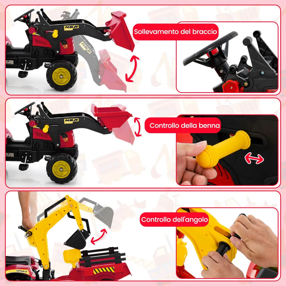 COSTWAY 3 in 1 Escavatore per Bambini, Trattore con Rimorchio Staccabile Cavalcabile, 6 Ruote, 2 Benne, Rosso