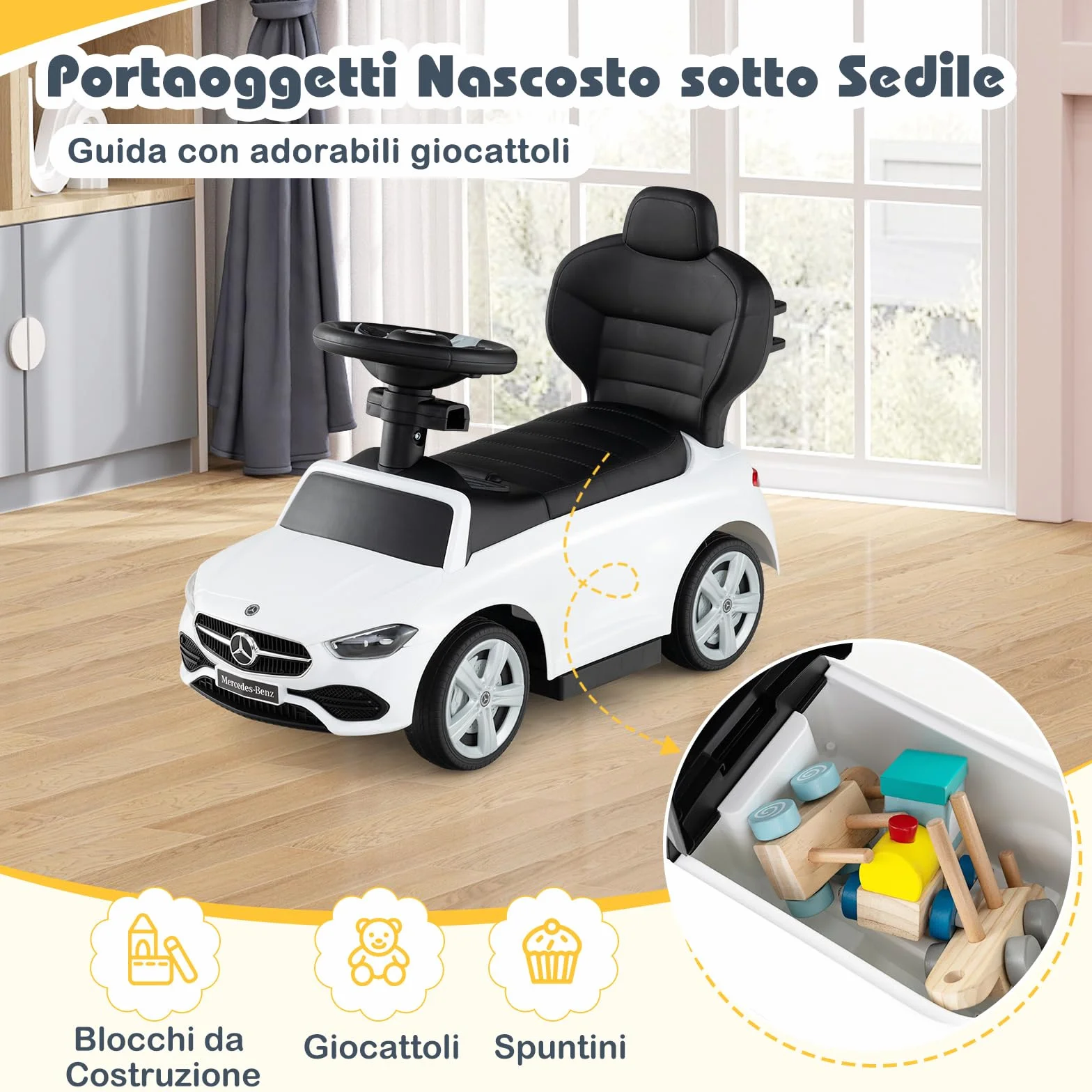COSTWAY 3 in 1 Auto a Spinta, Mercedes-Benz Macchina Cavalcabile, con Schienale Regolabile Suono Barra di Spinta e Tettuccio, per Bambini 18-36 Mesi (Bianco)