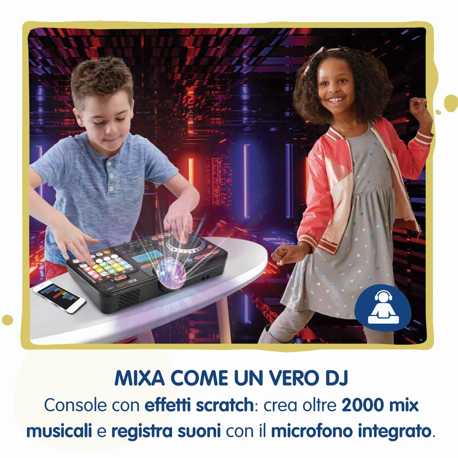 VTech Kidi DJ Mix, Console da DJ per Bambini, Effetti Luminosi da Concerto, DJ Mix da Bambini con Microfono, Collega il Tuo Lettore MP3, Jack o Bluetooth, Lingua Italiana, Batterie Incluse, 6+ Anni