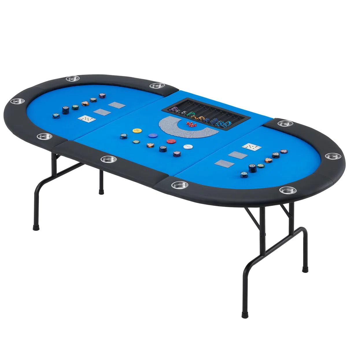 AVAWING Tavolo da poker pieghevole, 9 giocatori, tavolo da gioco con portabevande in acciaio inox, tavolo da poker (Blu)