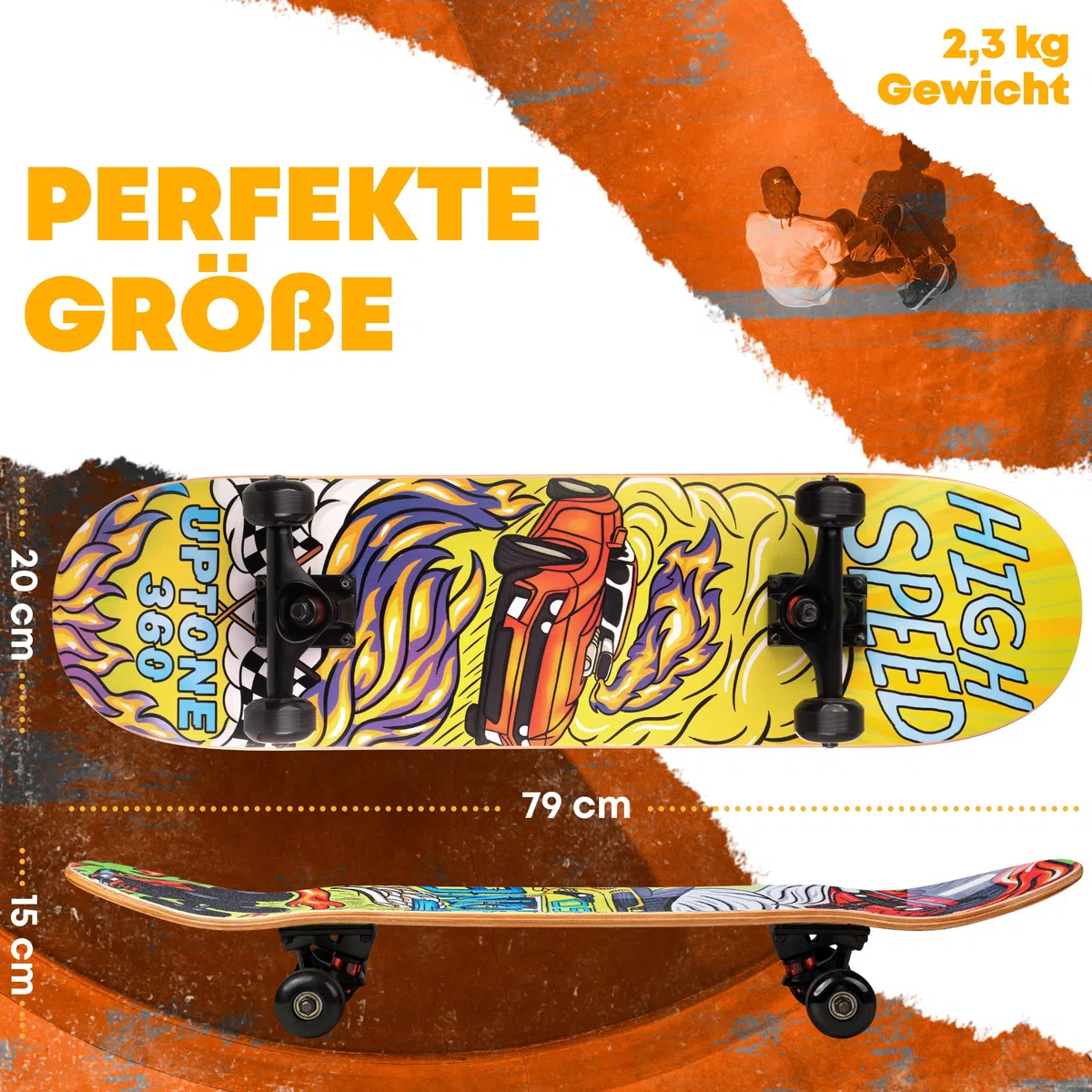 Skateboard | per bambini a partire dai 6 anni | Skate Board per mezzo pipe e strada | Portata fino a 150 kg | durevole e stabile | ideale per bambini, adolescenti e ragazzi (car)