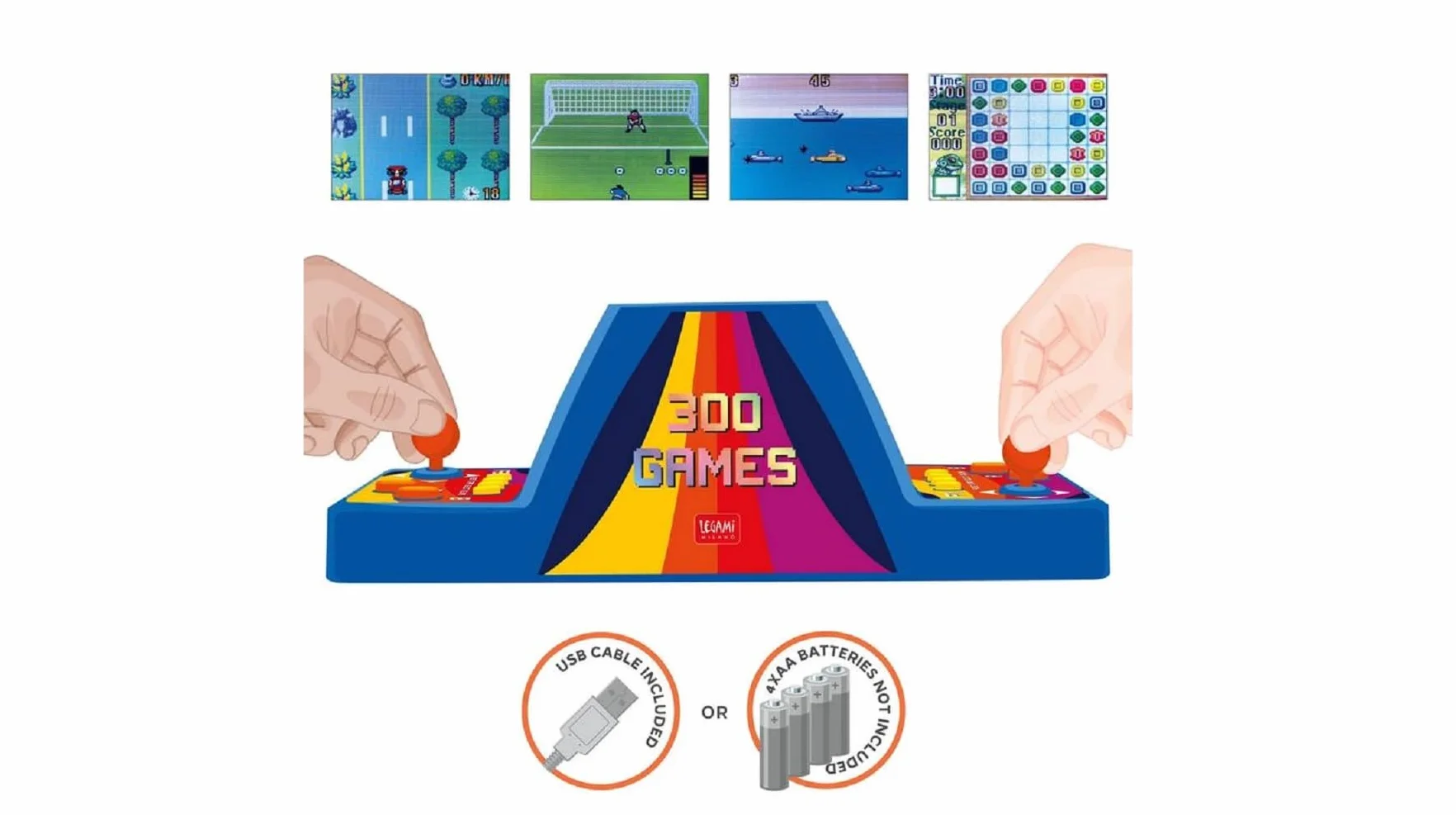 Legami - Mini Videogioco Arcade 2 Giocatori, Videogioco Luci e Suoni, 300 Giochi Testa a Testa, Doppio Schermo TFT 2,8'', Lingua Inglese, Cavo USB Incluso, Dimensioni 8.7 x 11 x 20 cm