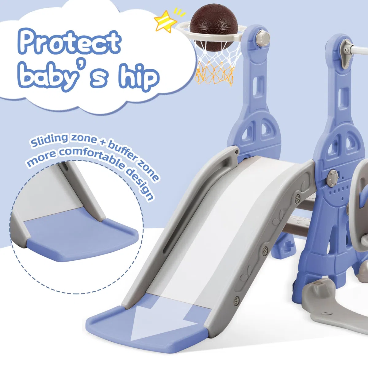 Scivolo per Bambini 4 in 1, scivoli all'aperto e al coperto, con cesto da basket, basket, altalena, scivolo e scaletta da arrampicata, area giochi al coperto e all'aperto (blu-2)