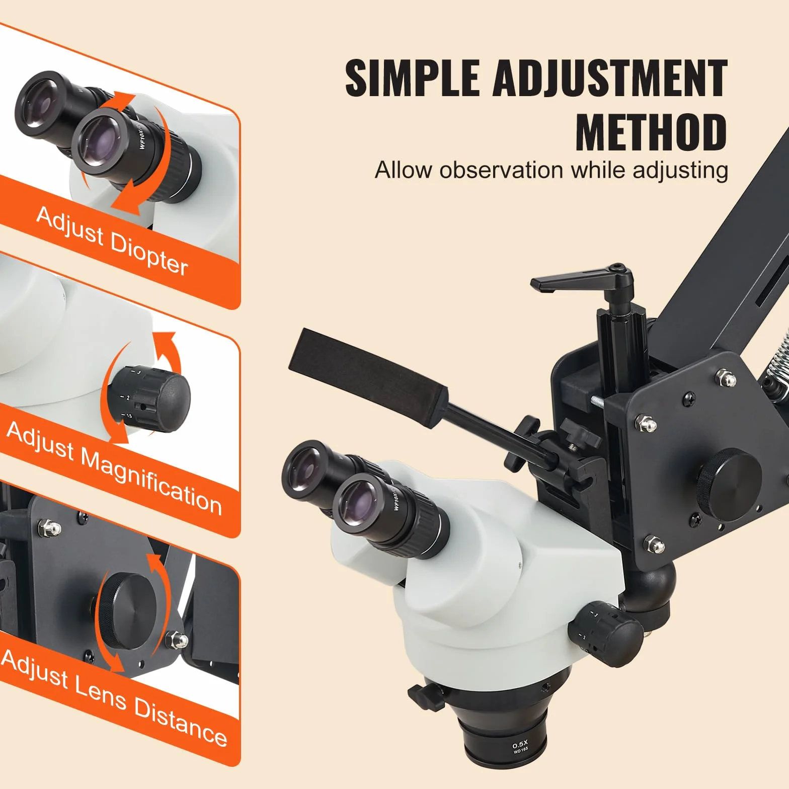 VEVOR Microscopio Multidirezionale con Staffa Molla, Microscopio con Ingrandimento 7X-45X, per Micro Gioielli Intarsiati con Luce LED Anello USB Integrata